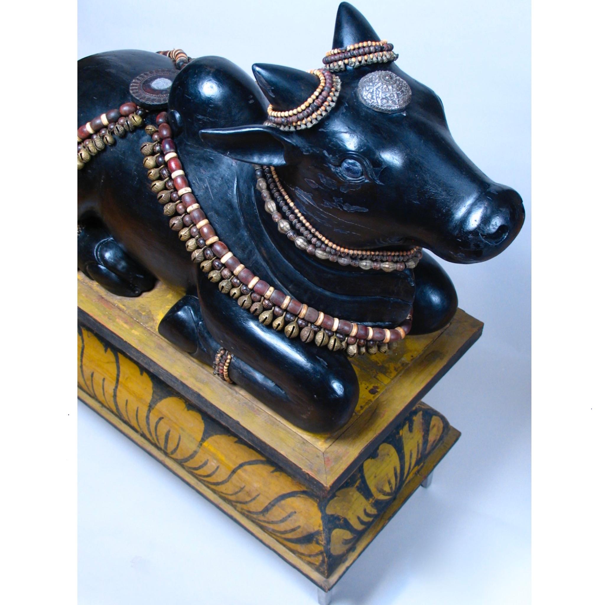 Hardwood Carved Wood Sculpture of the Hindu Deity Nandi With Pedestal, Circa 1920 For Sale