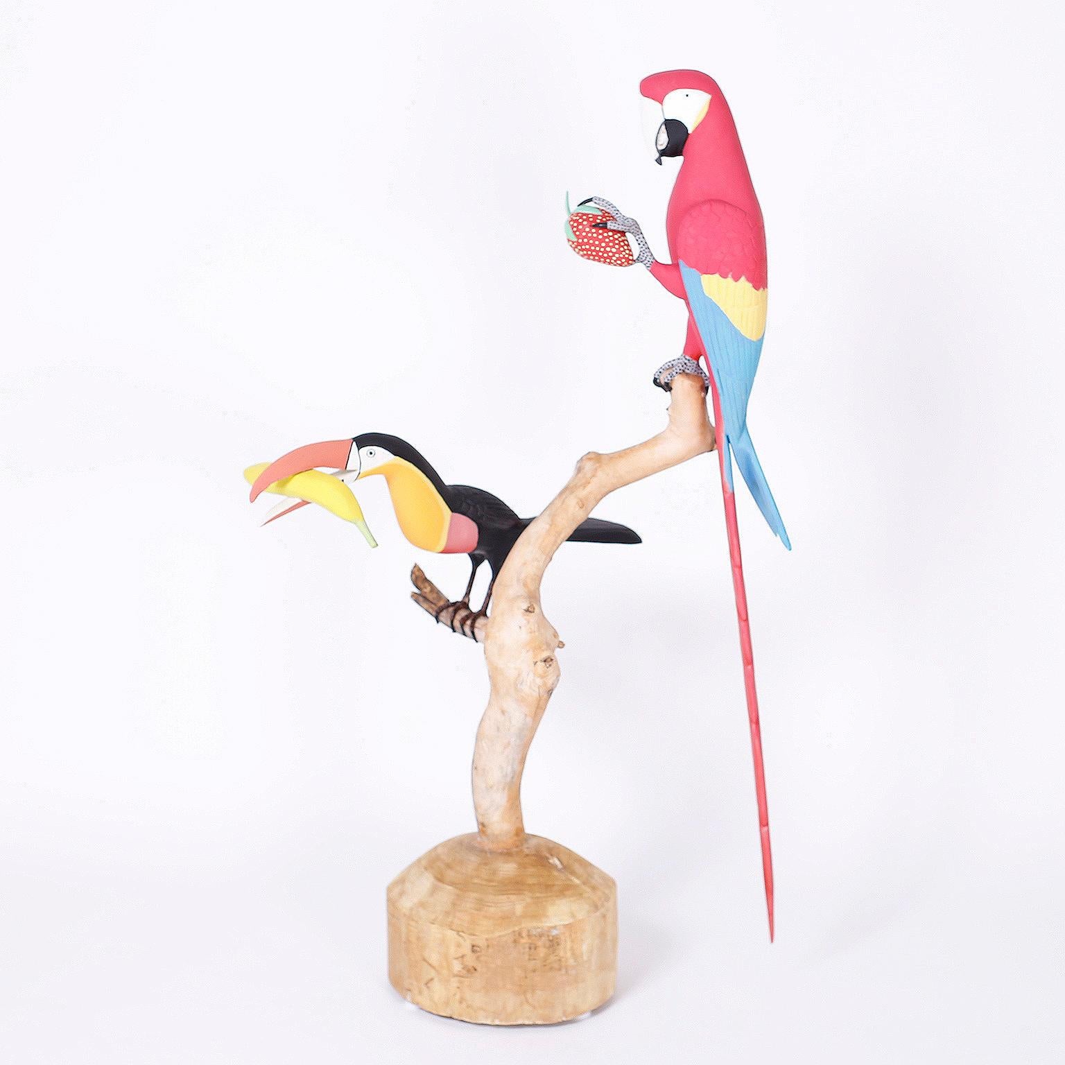 Mid-Century Modern Carved Wood Sculpture of Two Birds in a Tree For Sale