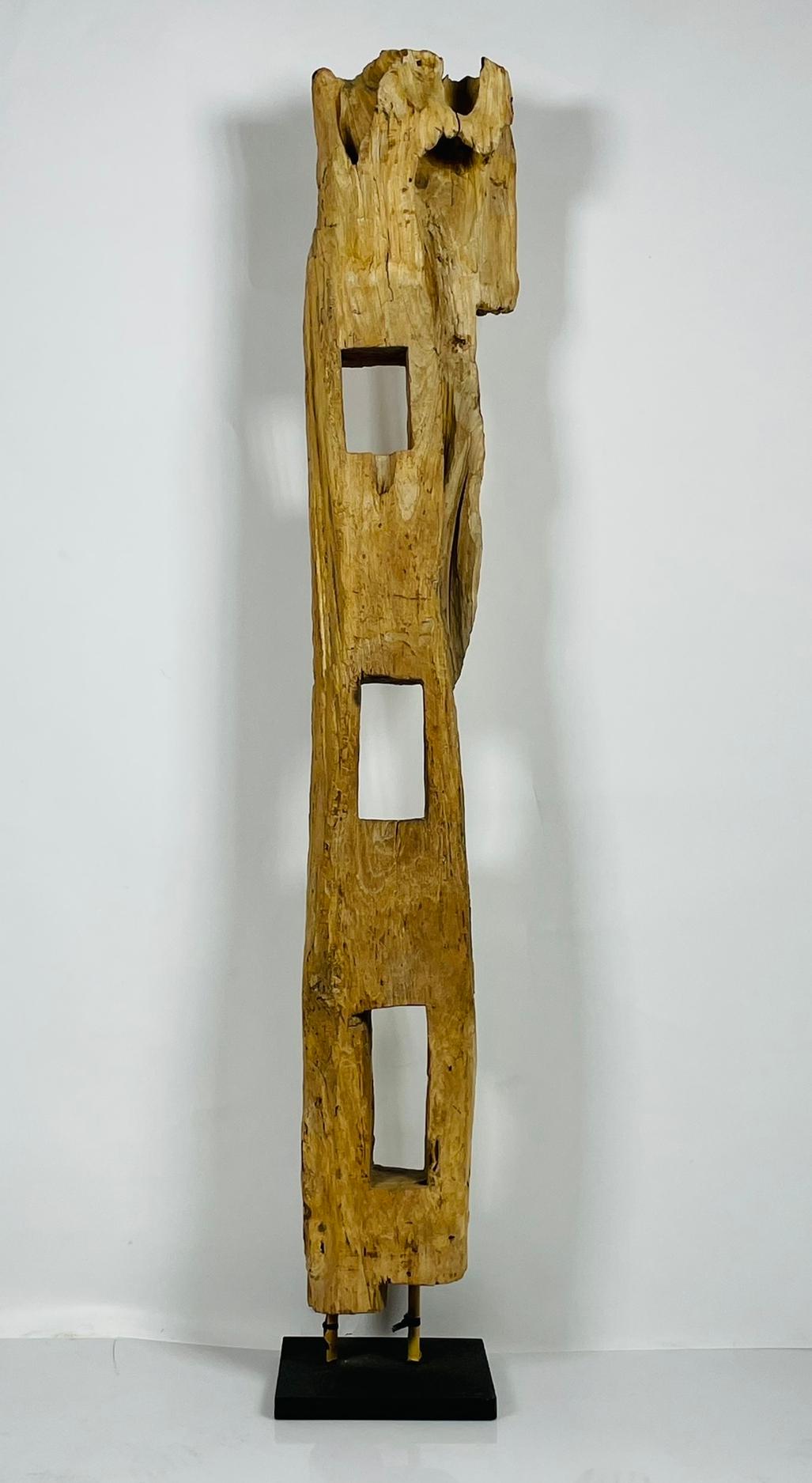 Organic Modern Carved Wood Sculpture on a Metal Base For Sale