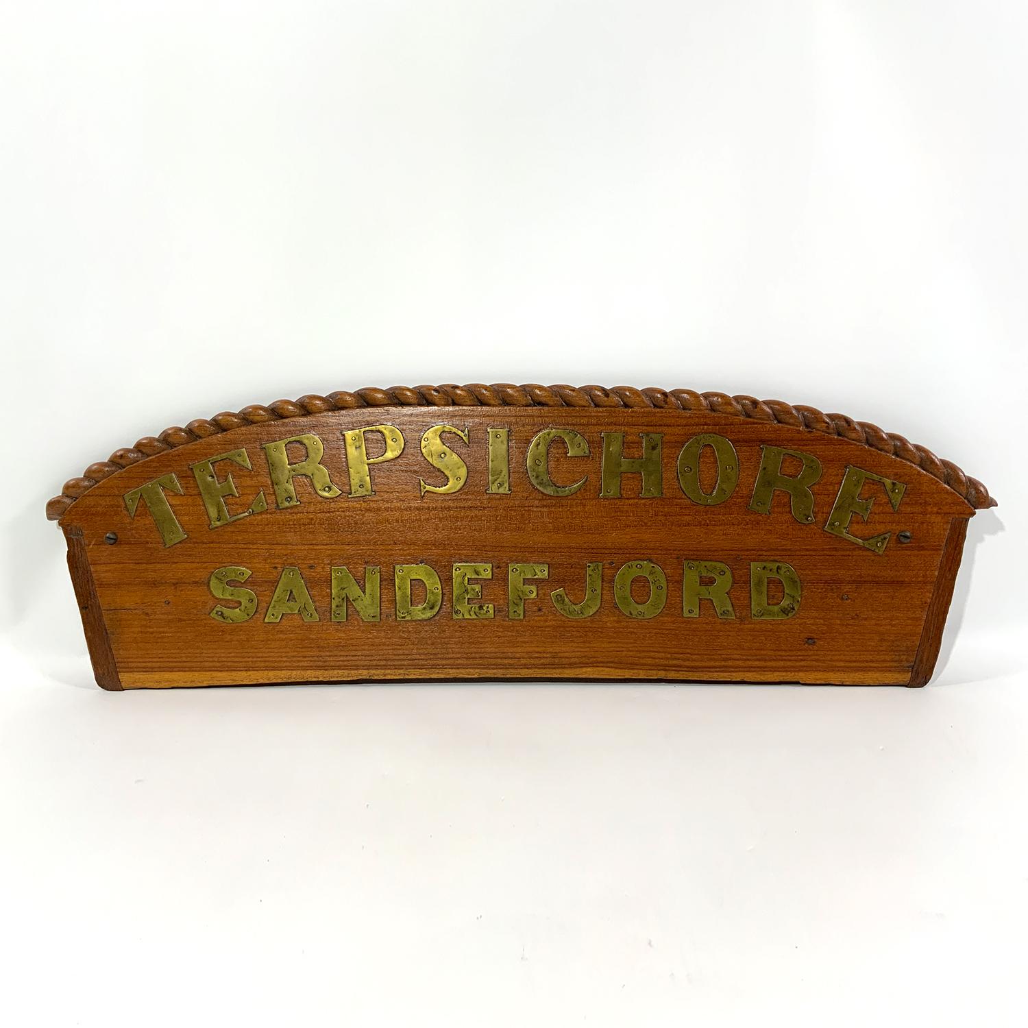 Captain's gig sternboard hardwood with rope carved border and brass lettering 