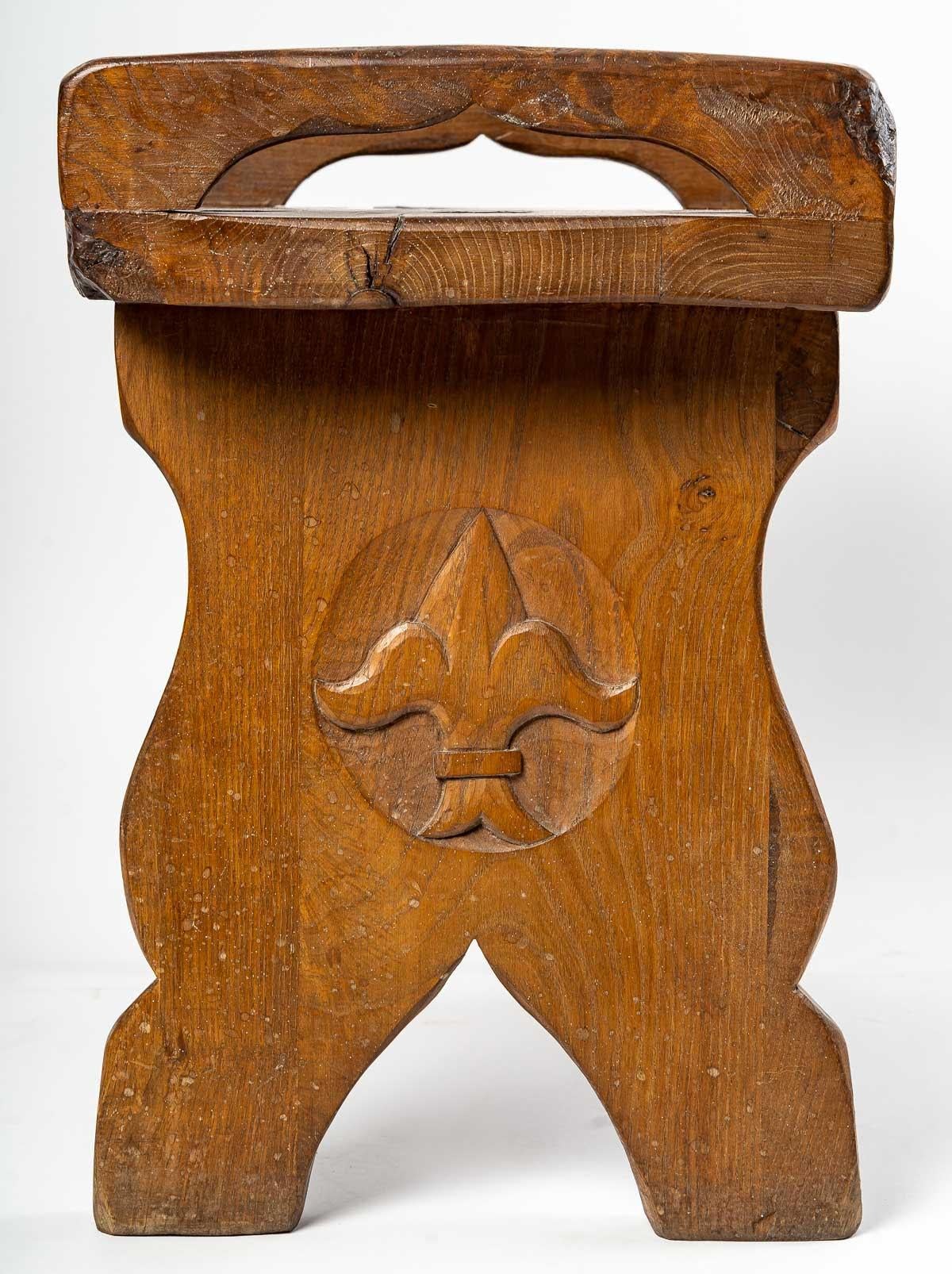 Carved Wood Stool, Oak, 1950-1960 For Sale 1