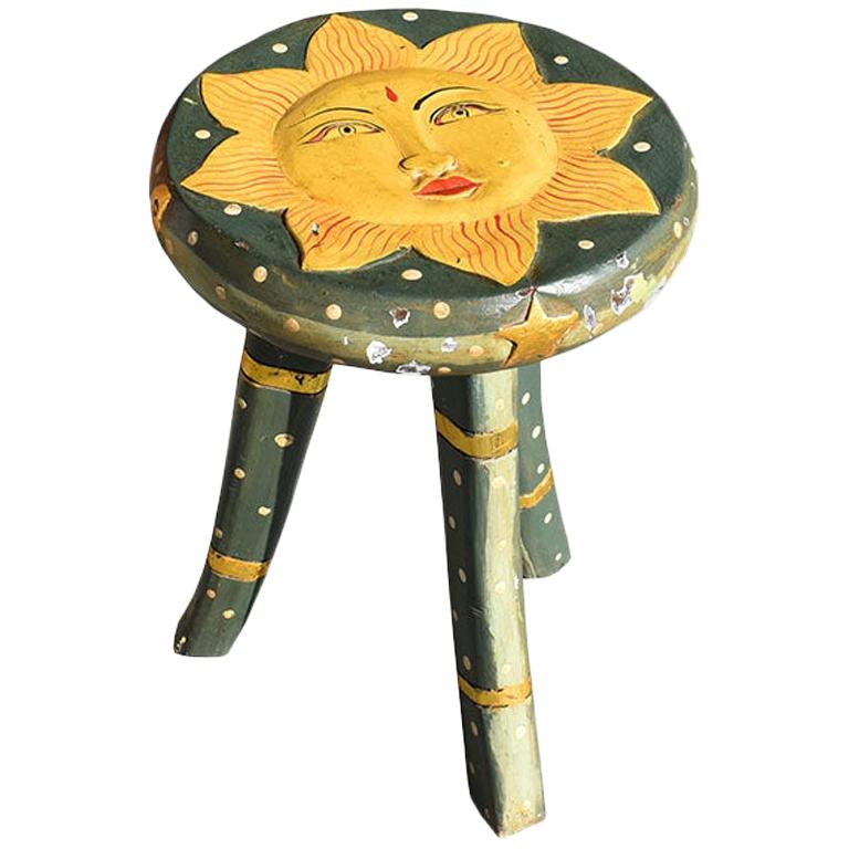 Carved Wood Sun Stool or Drinks Table in Green and Gold Indonesia