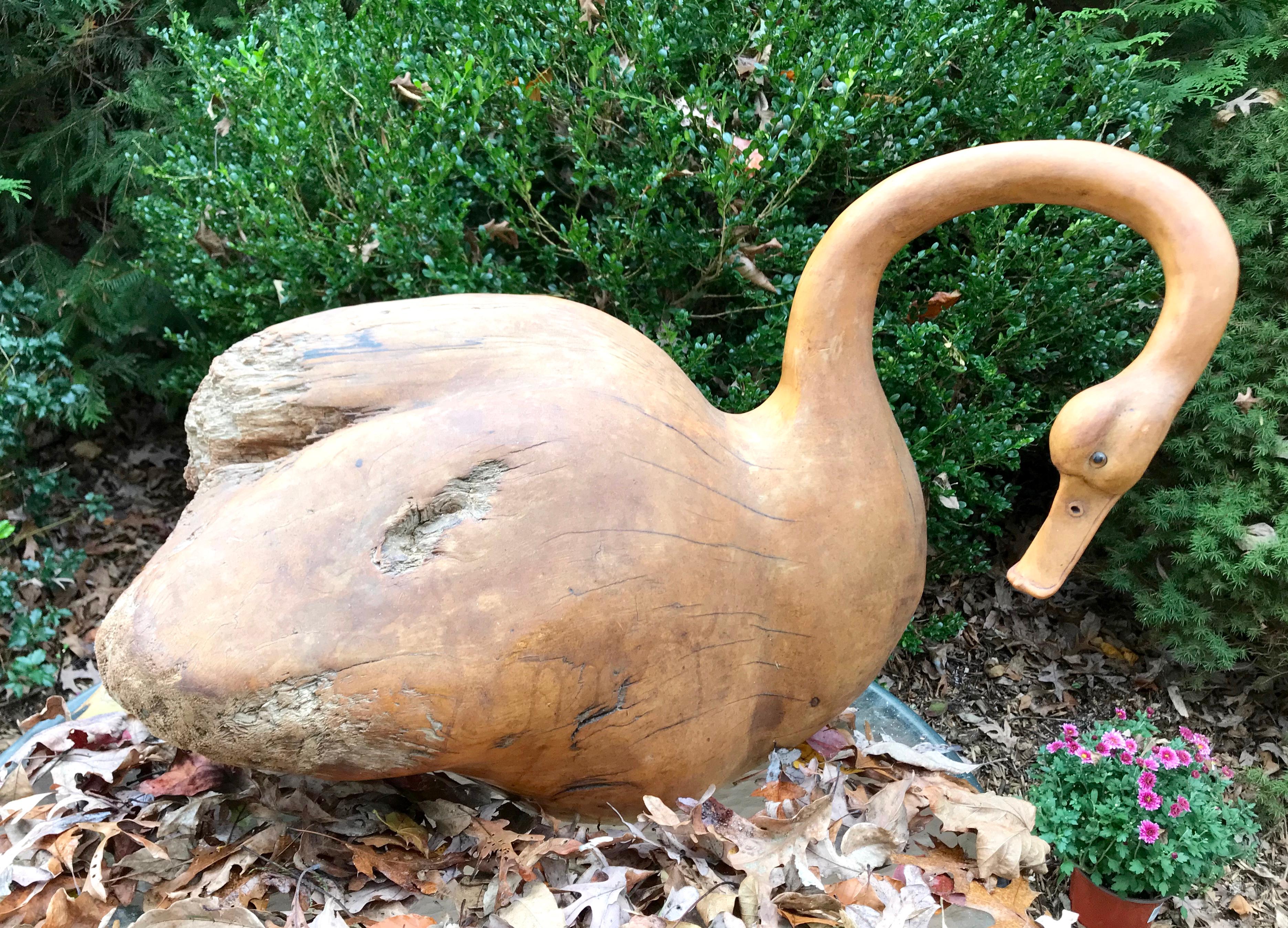 Carved wood swan. Large American carved pine swan sculpture conceived from a single block of wood with elegant sculpted neck and bill. United States, 20th Century
Dimensions: 30
