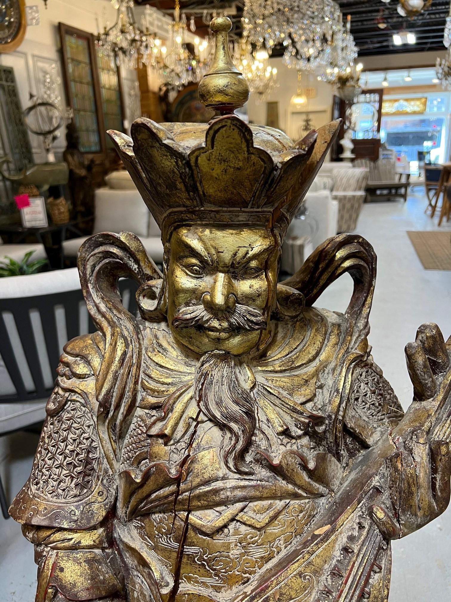 Carved Wood Tibetan Warrior Temple God Playing a Liuqin or Mandolin   In Fair Condition For Sale In Stamford, CT