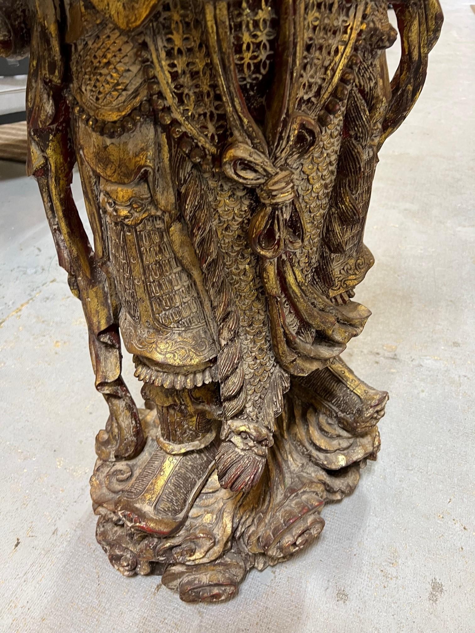 Carved Wood Tibetan Warrior Temple God Playing a Liuqin or Mandolin   For Sale 2