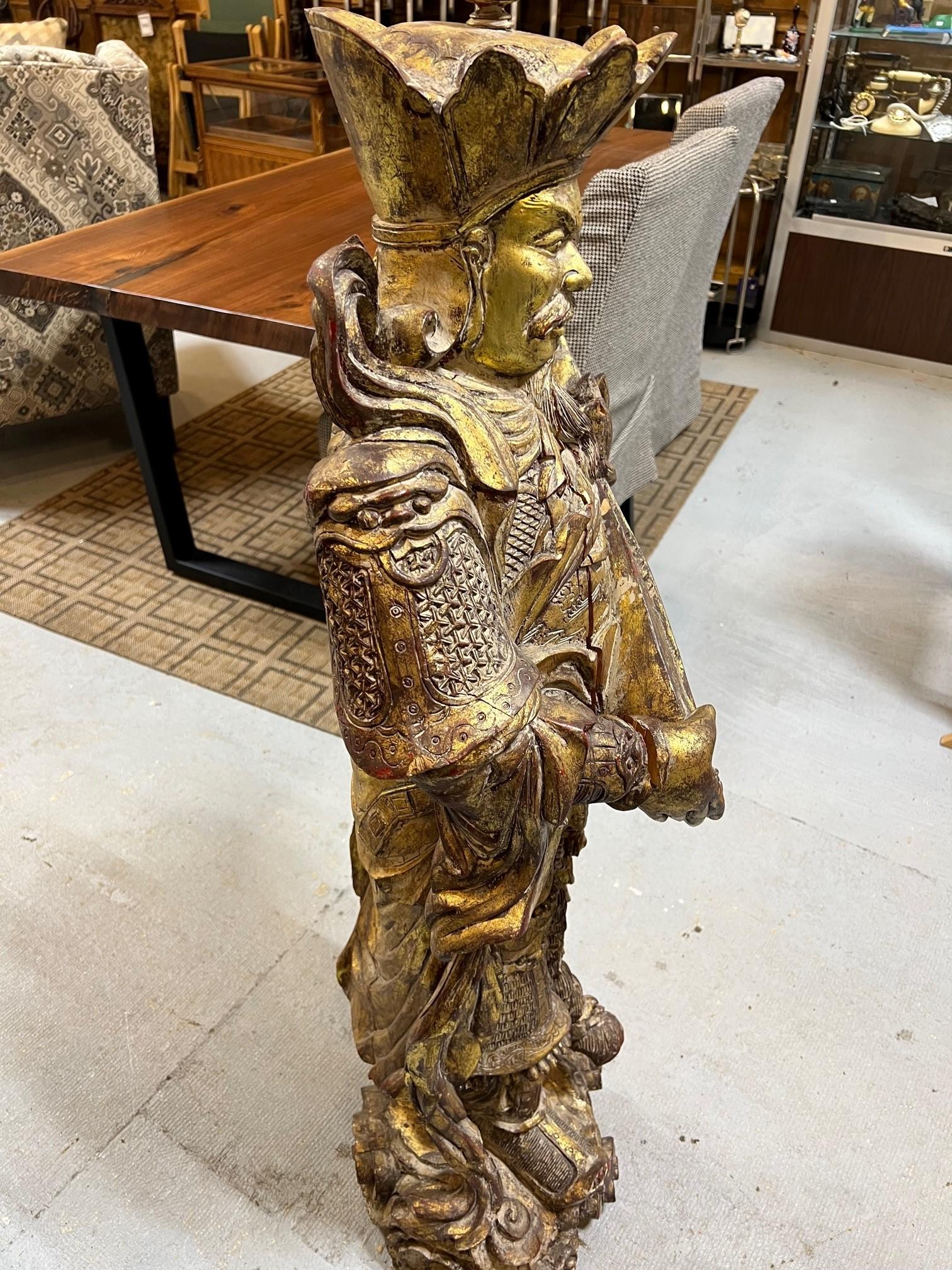 Carved Wood Tibetan Warrior Temple God Playing a Liuqin or Mandolin   For Sale 5