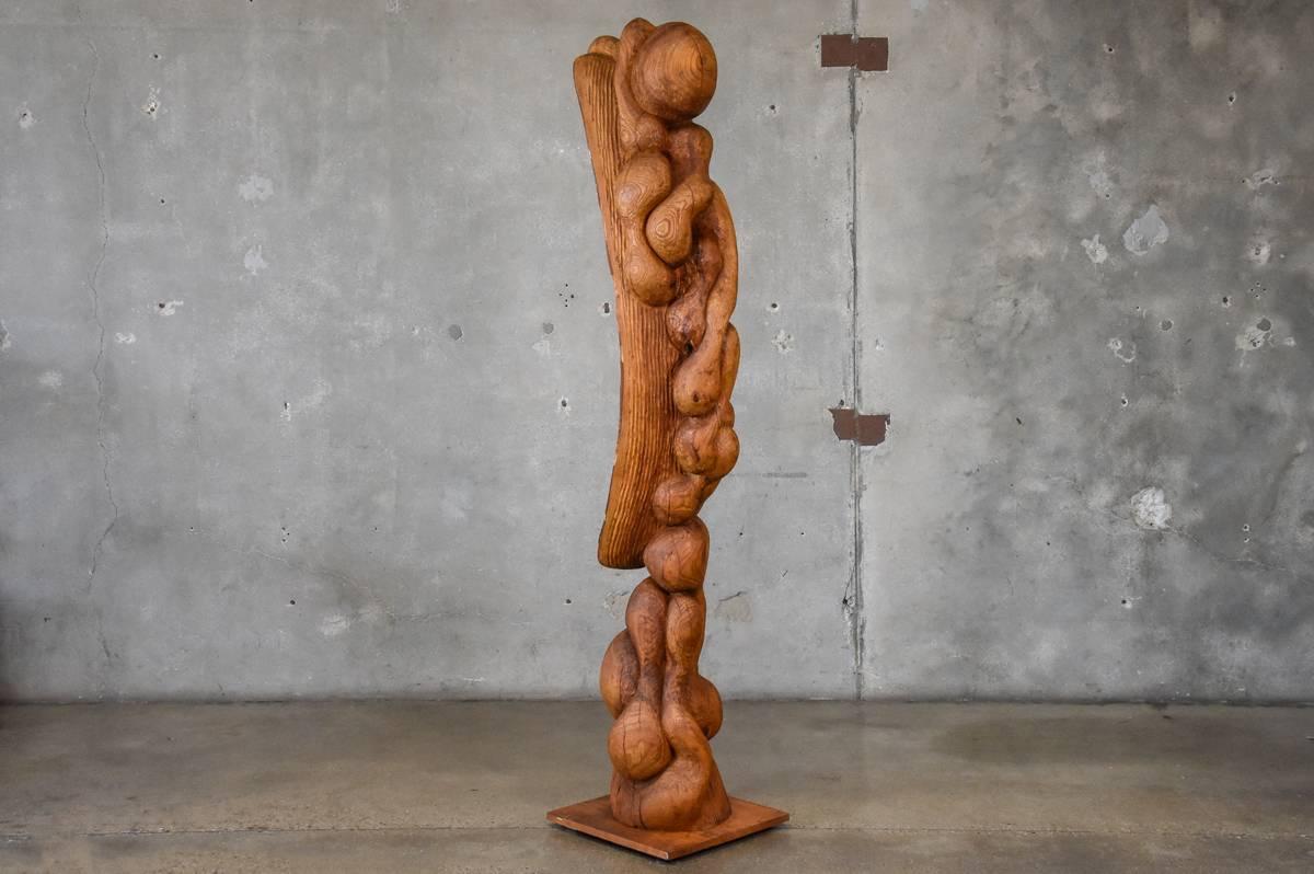 Carved Wood Totemic Sculpture by Les Bruning In Good Condition For Sale In Long Beach, CA