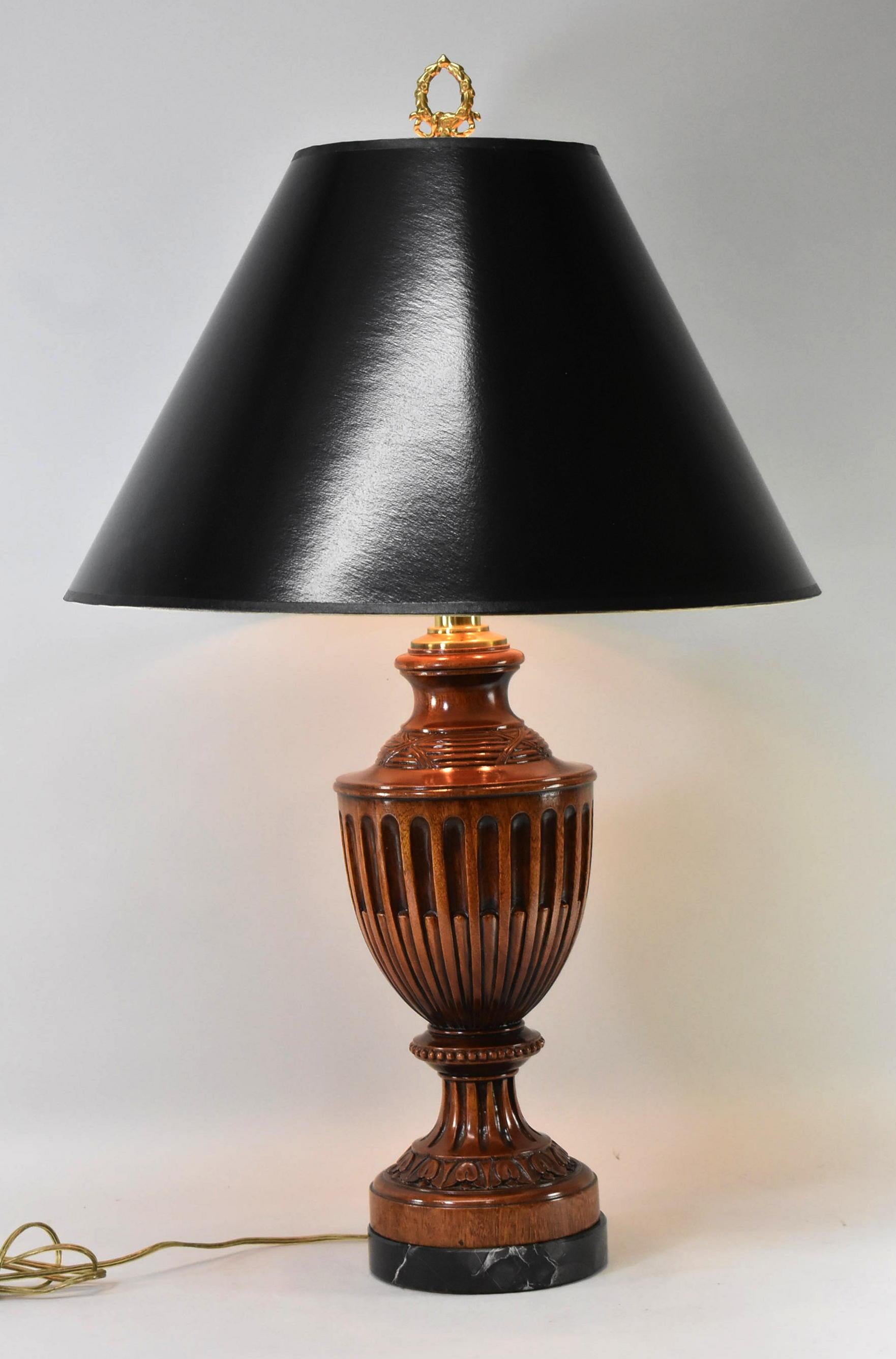 Carved wood urn shape double socket table lamp with marble base. Lampshade not included. 