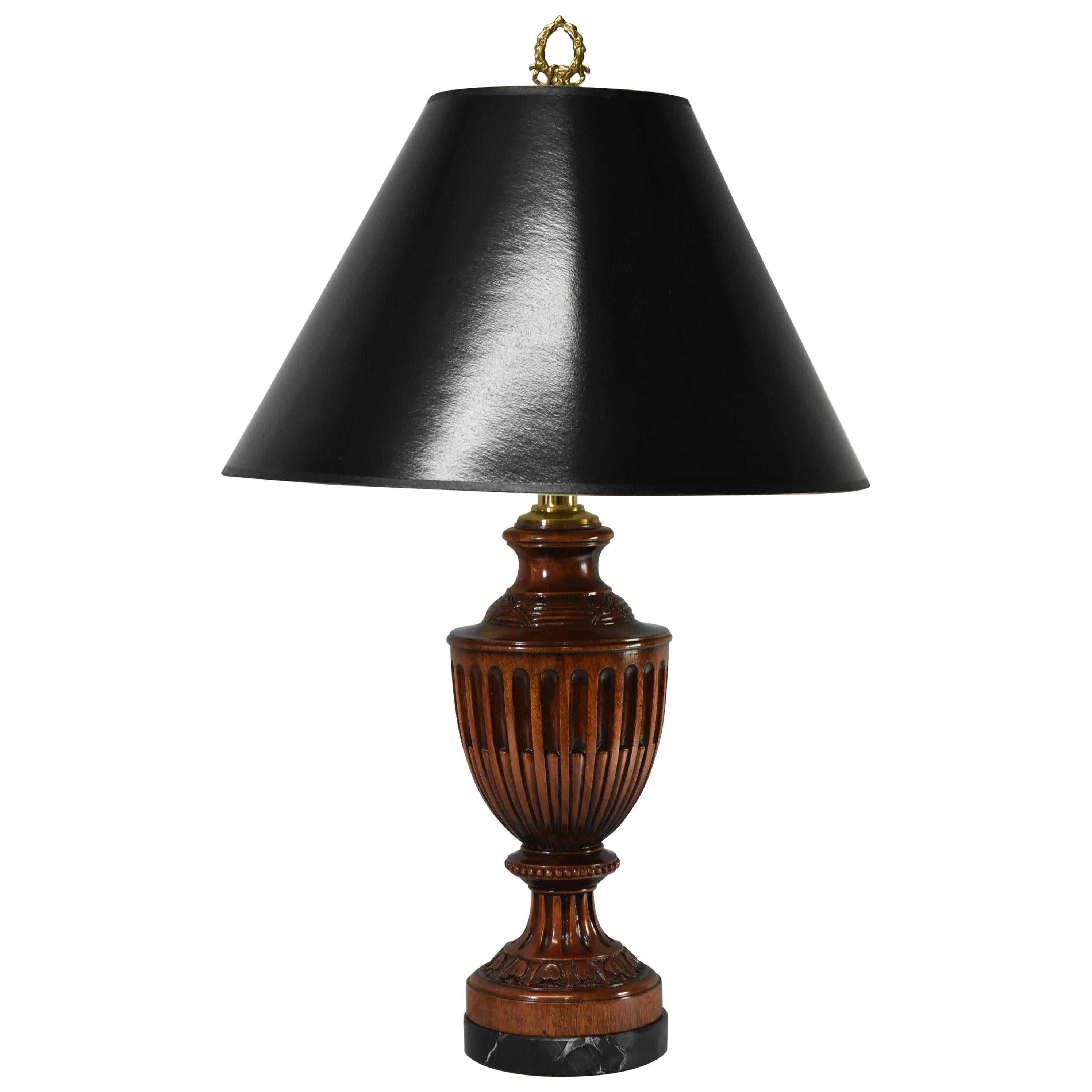 Carved Wood Urn Shape Table Lamp Marble Base For Sale