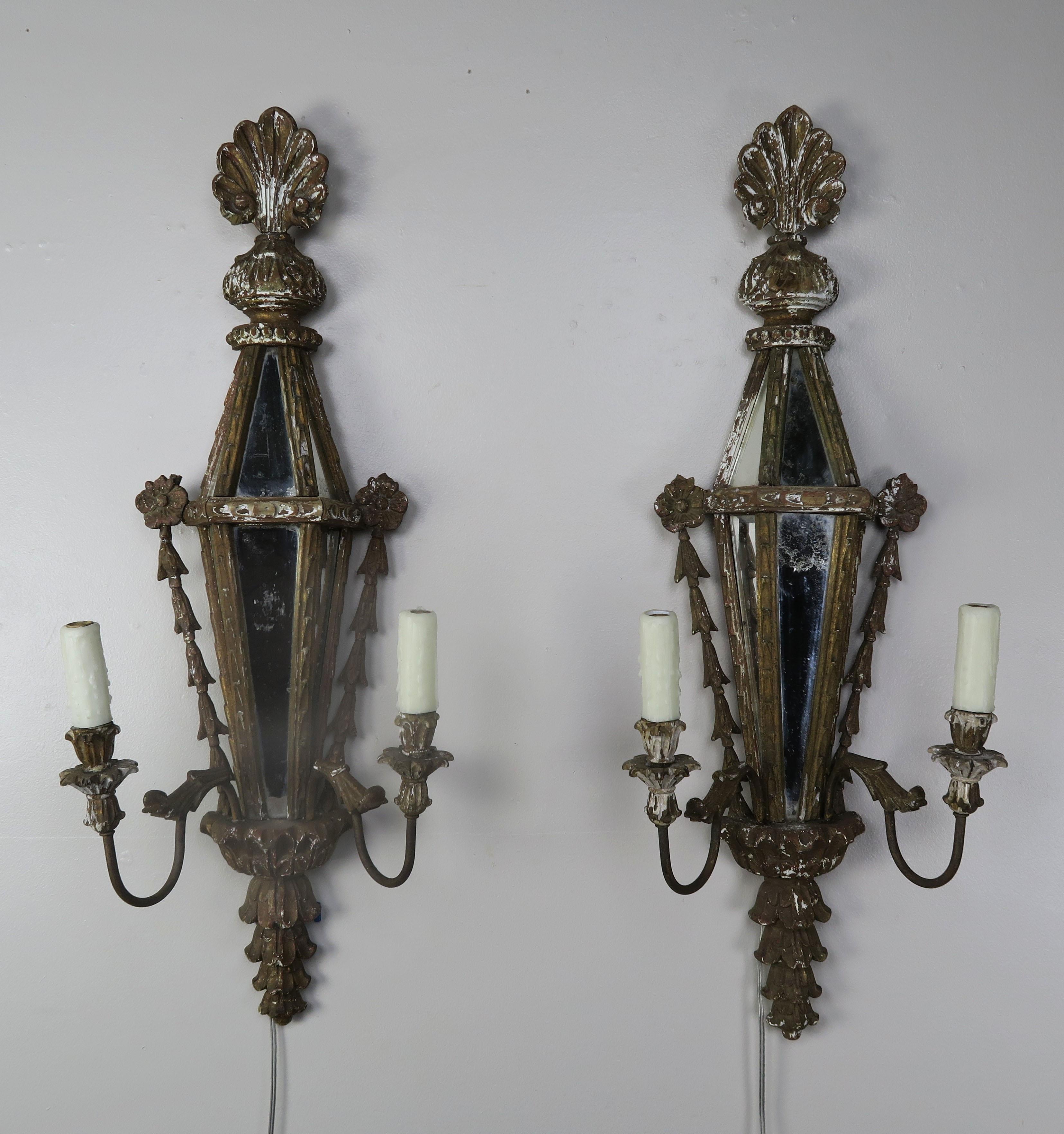 Carved Wood Venetian Mirrored Sconces, circa 1920s, Pair 6