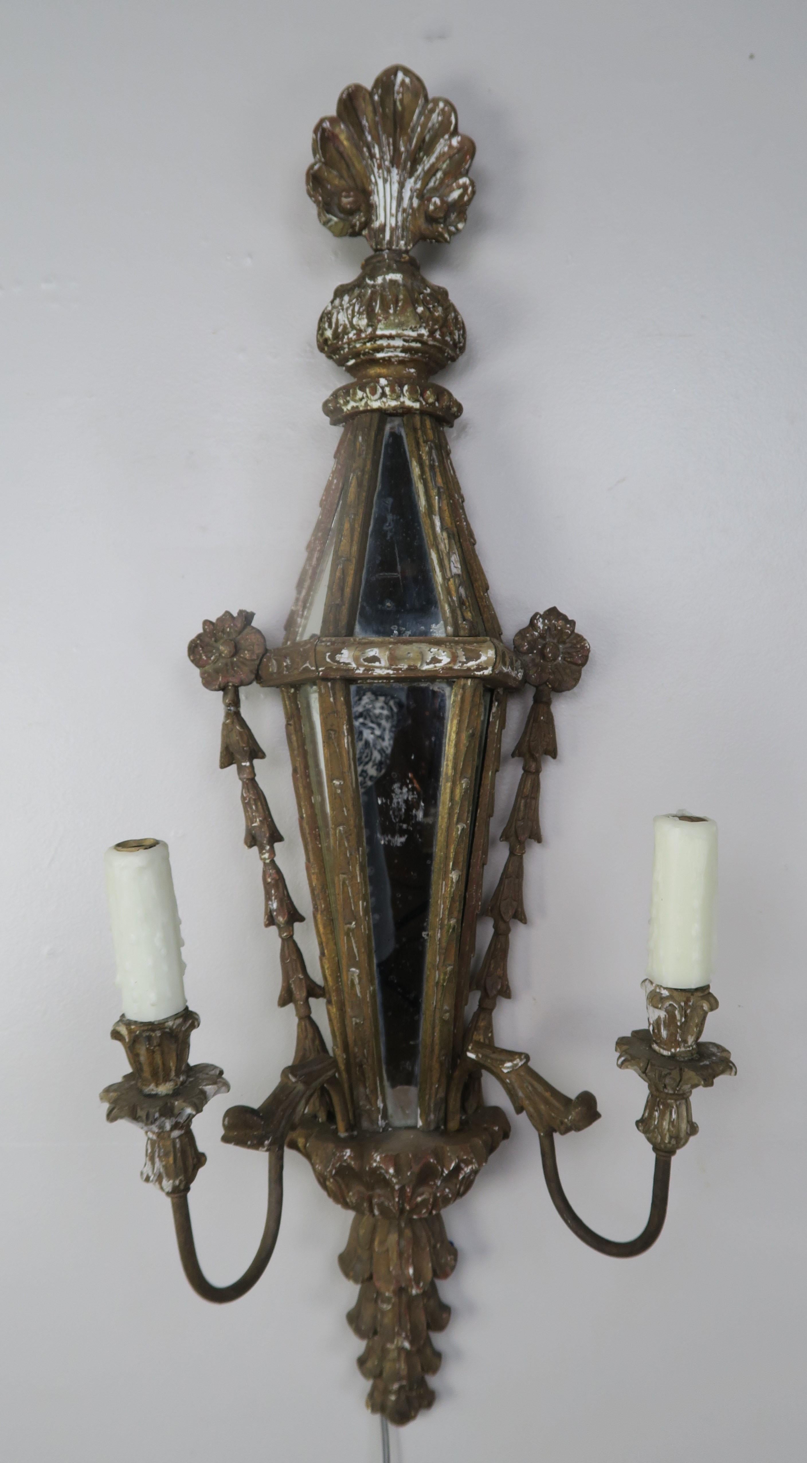 Rococo Carved Wood Venetian Mirrored Sconces, circa 1920s, Pair