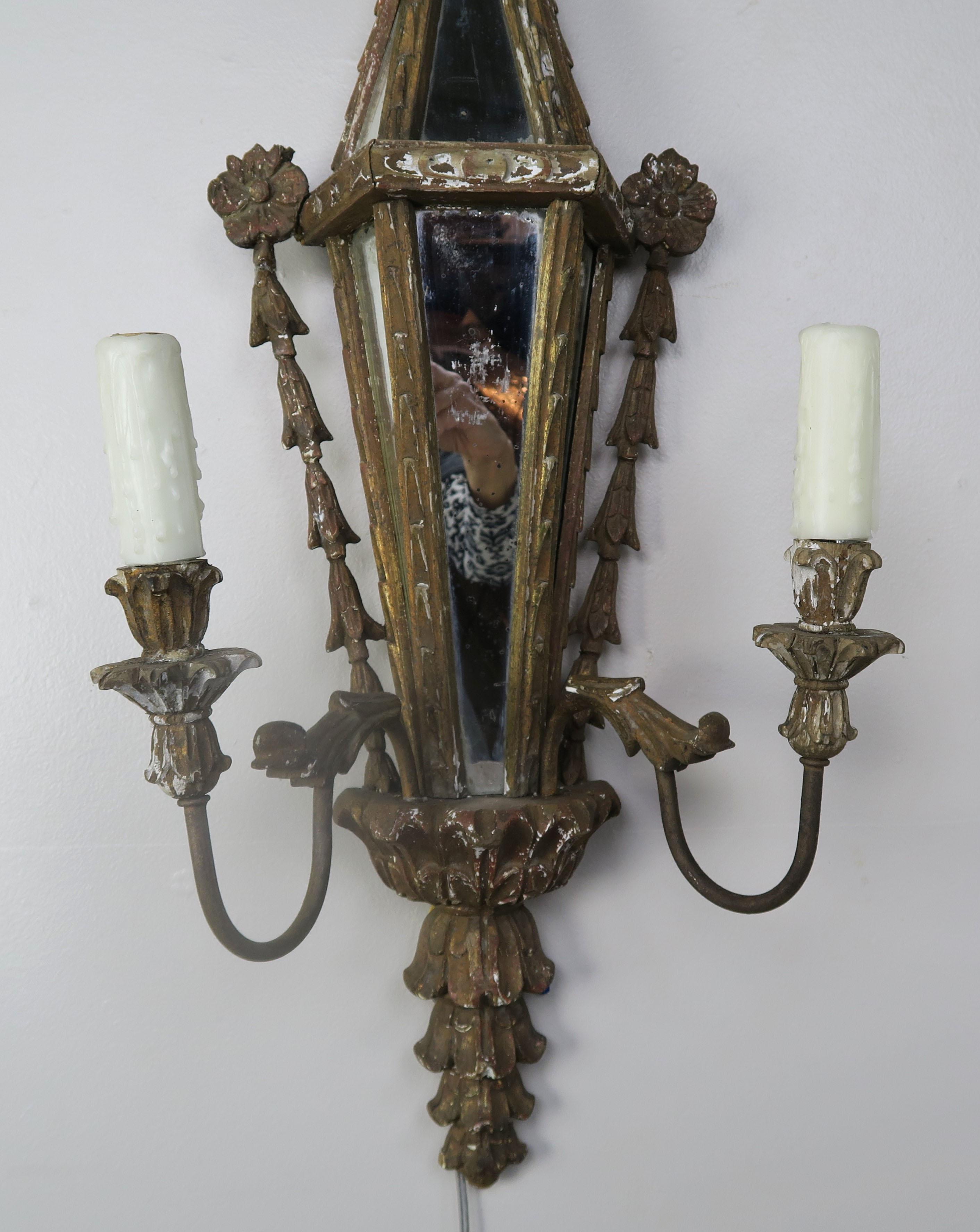 Early 20th Century Carved Wood Venetian Mirrored Sconces, circa 1920s, Pair