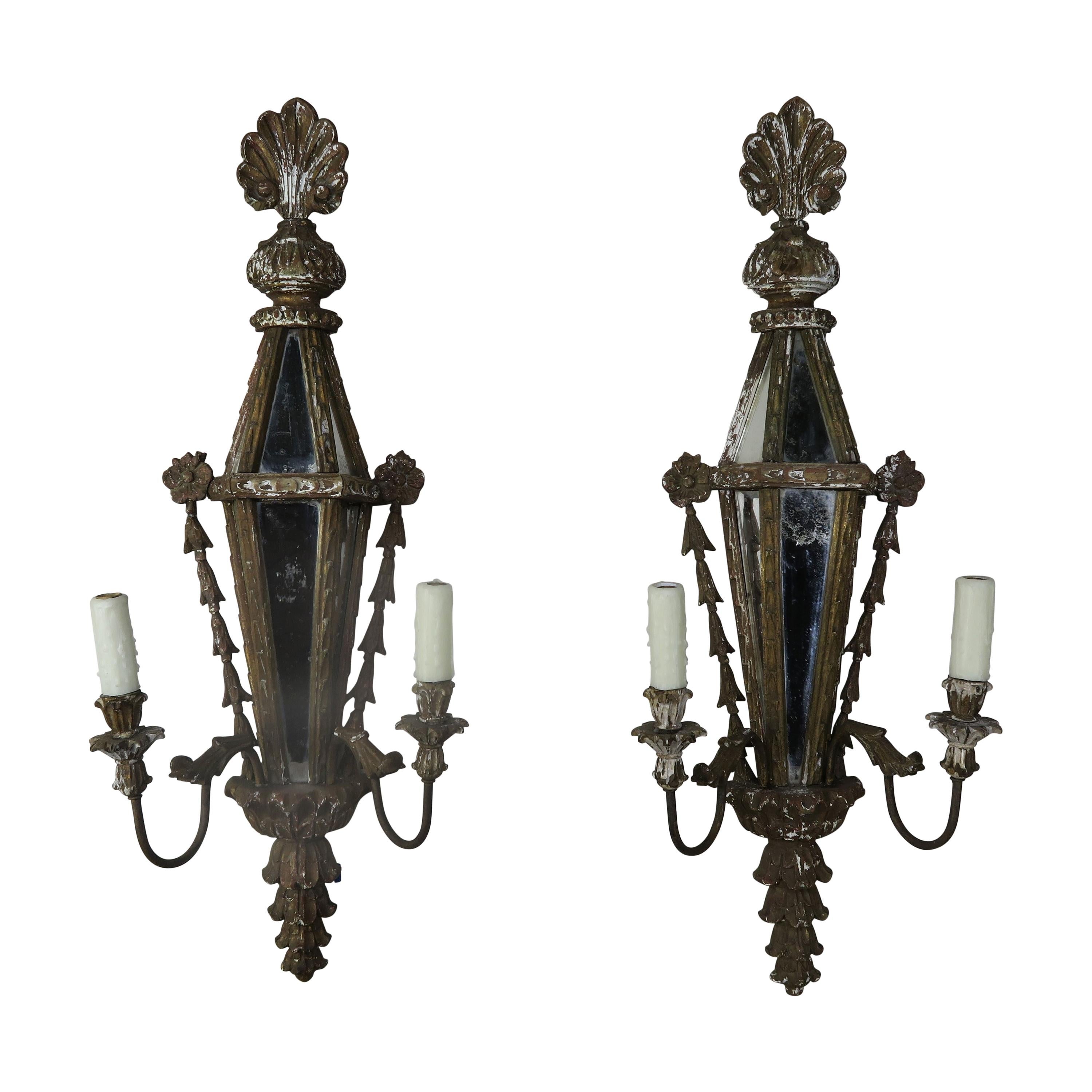 Carved Wood Venetian Mirrored Sconces, circa 1920s, Pair