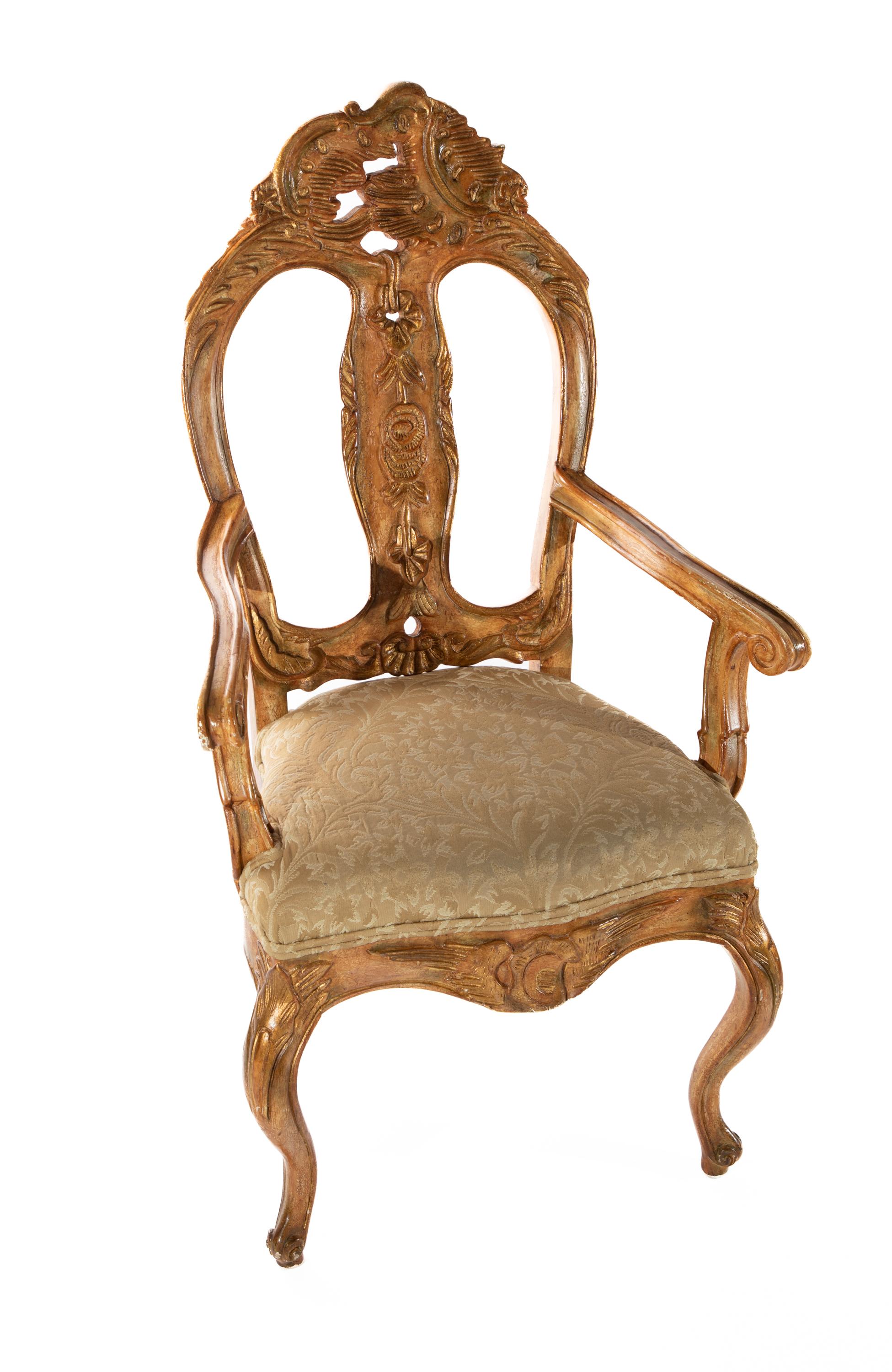 Carved wood Venetian style arm chair with upholstered seat