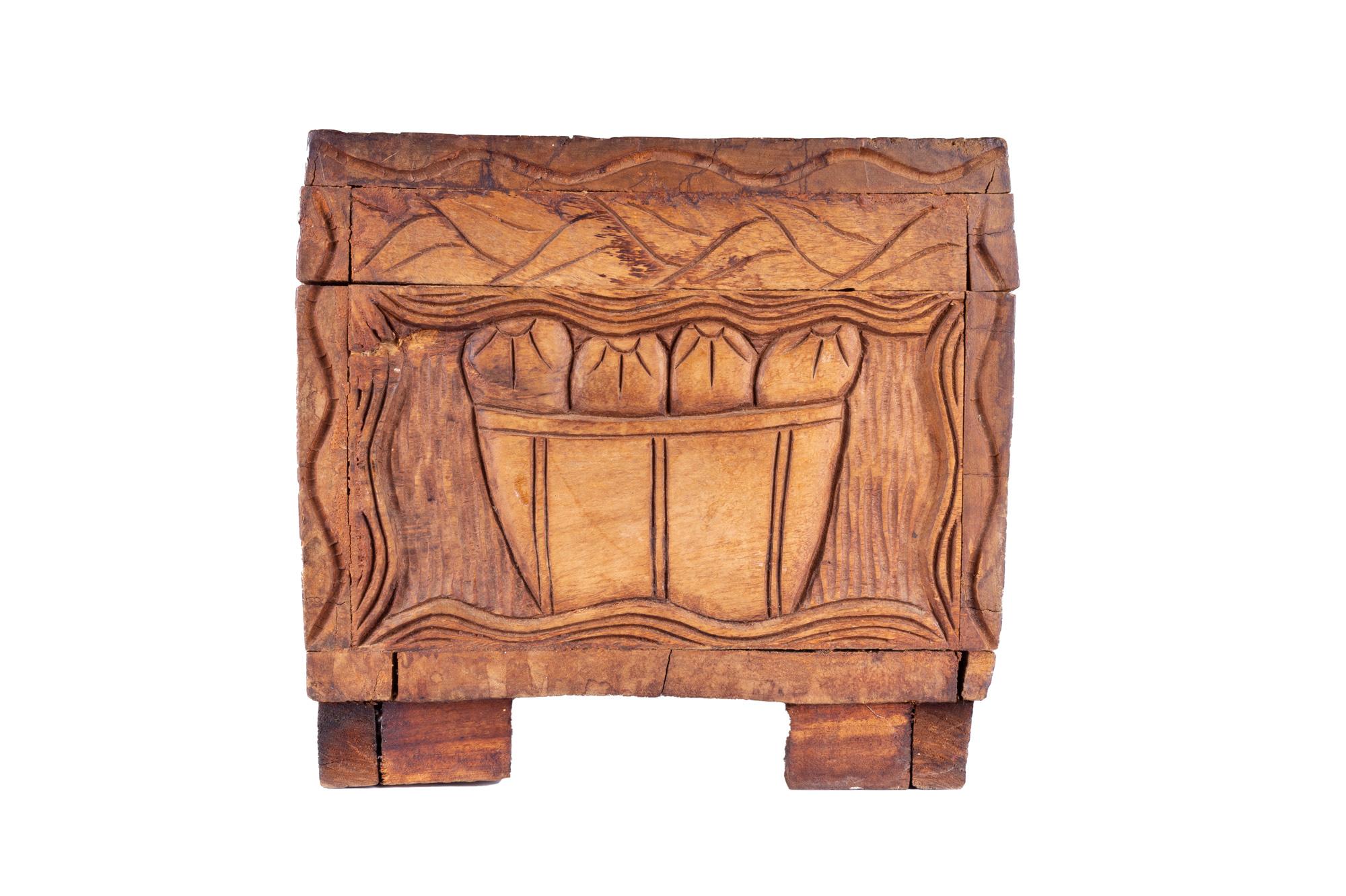 Modern Carved Wood Villagers Trinket Box For Sale