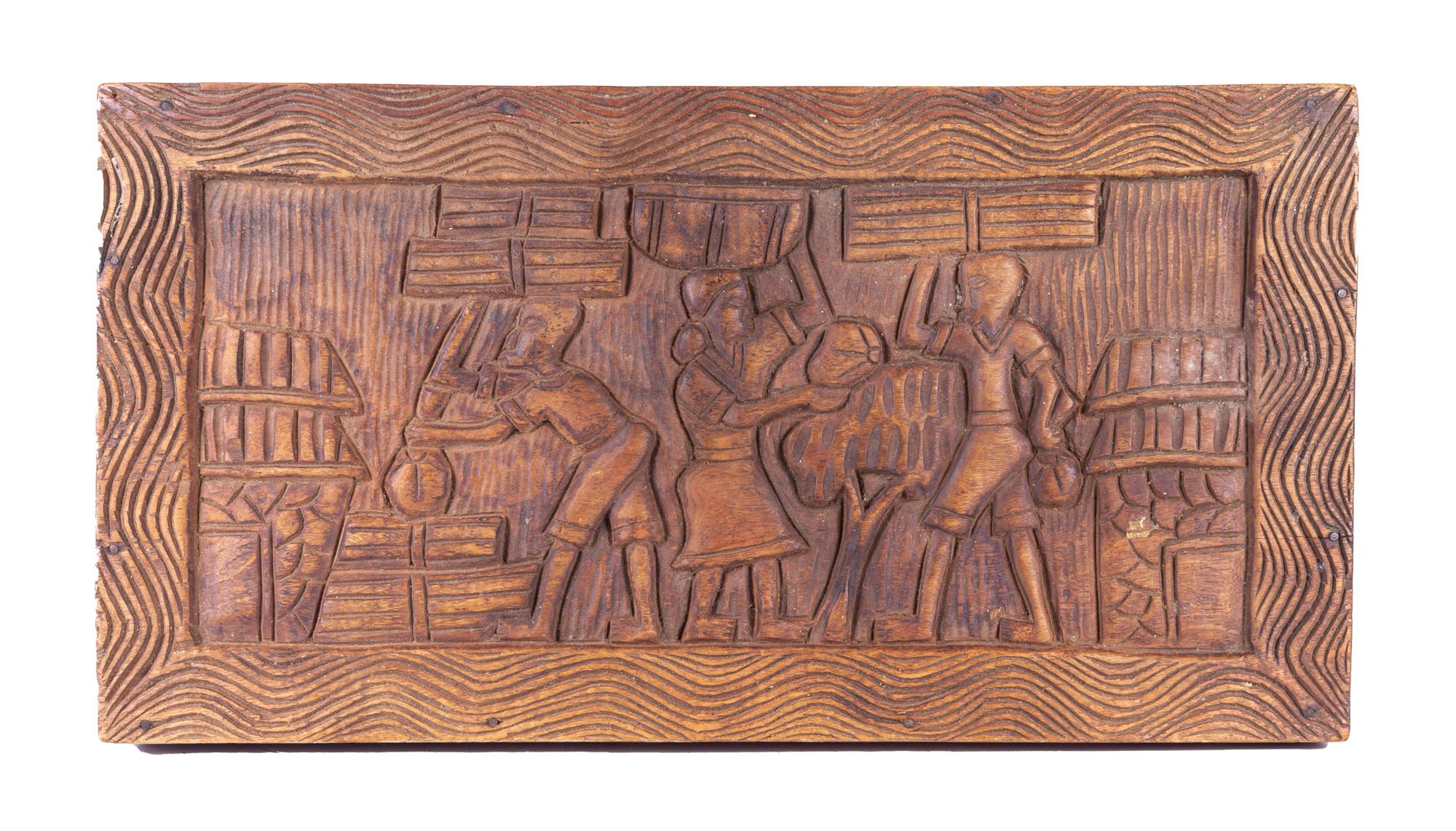 Contemporary Carved Wood Villagers Trinket Box For Sale