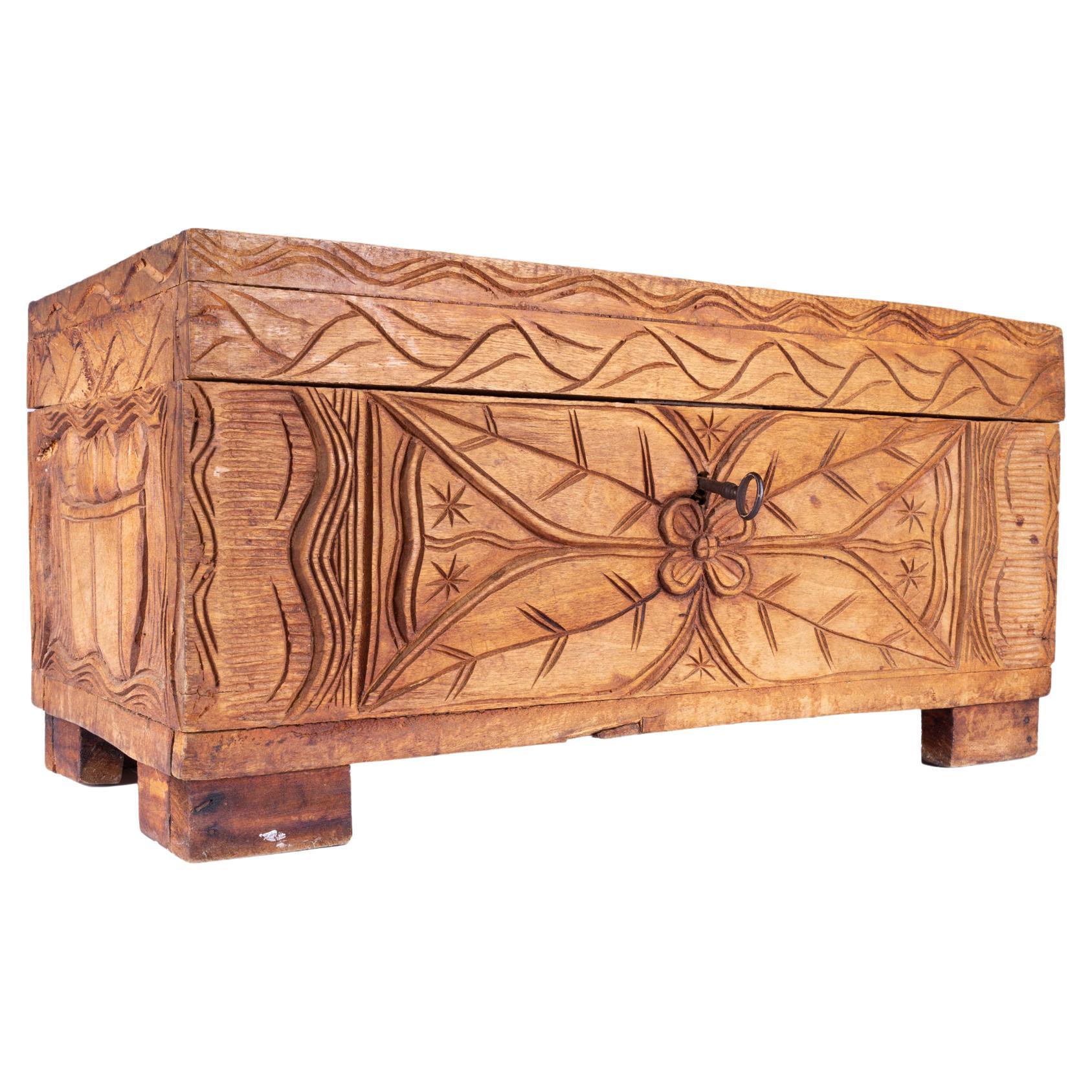 Carved Wood Villagers Trinket Box For Sale