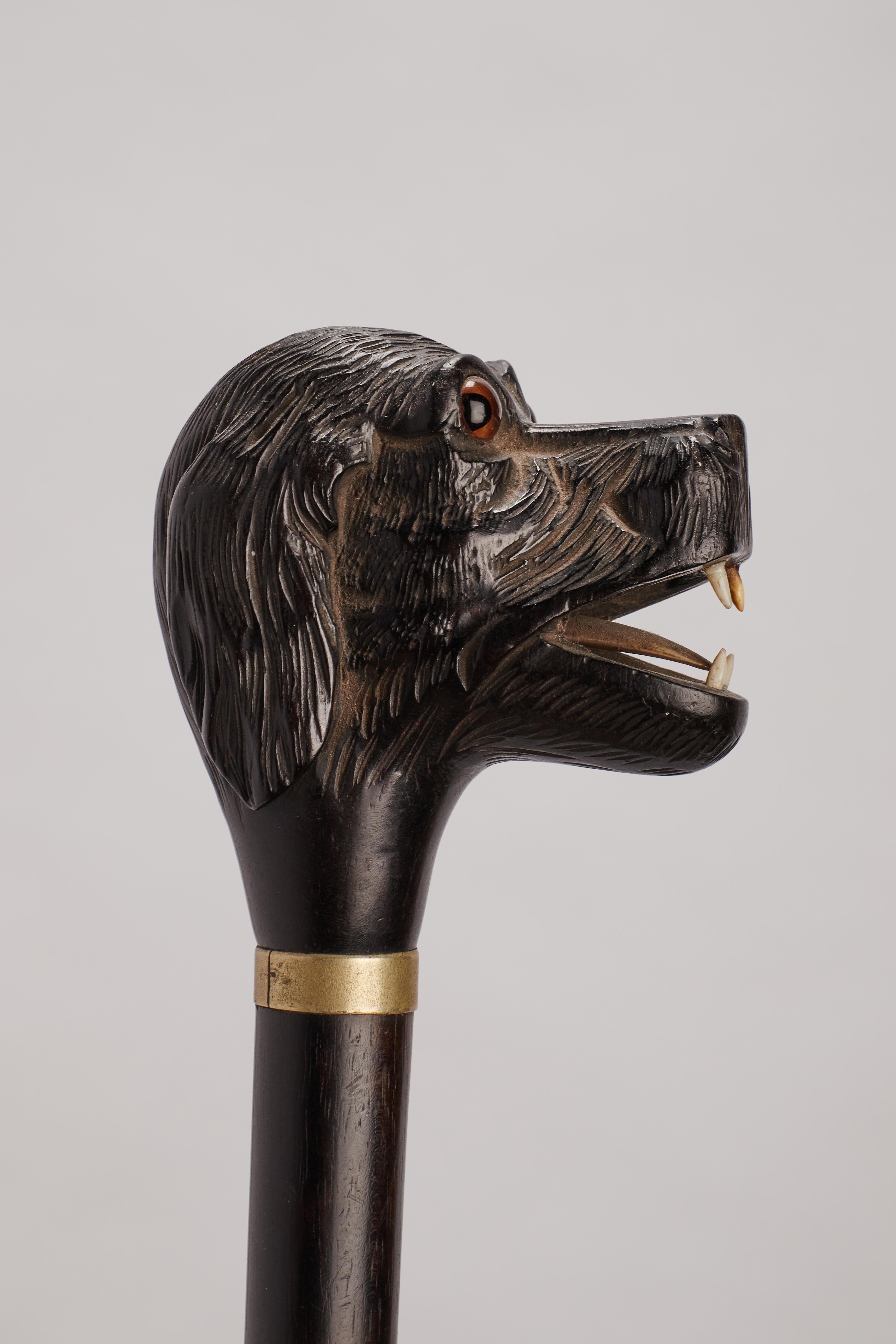 Folk art walking stick: carved wooden handle depicting a dog’s head with mouth open. Sulfur glass eyes, ivory tongue and ivory teeth. Ebony wood shaft, Silver ring. Metal ferrule. France 1890 ca.