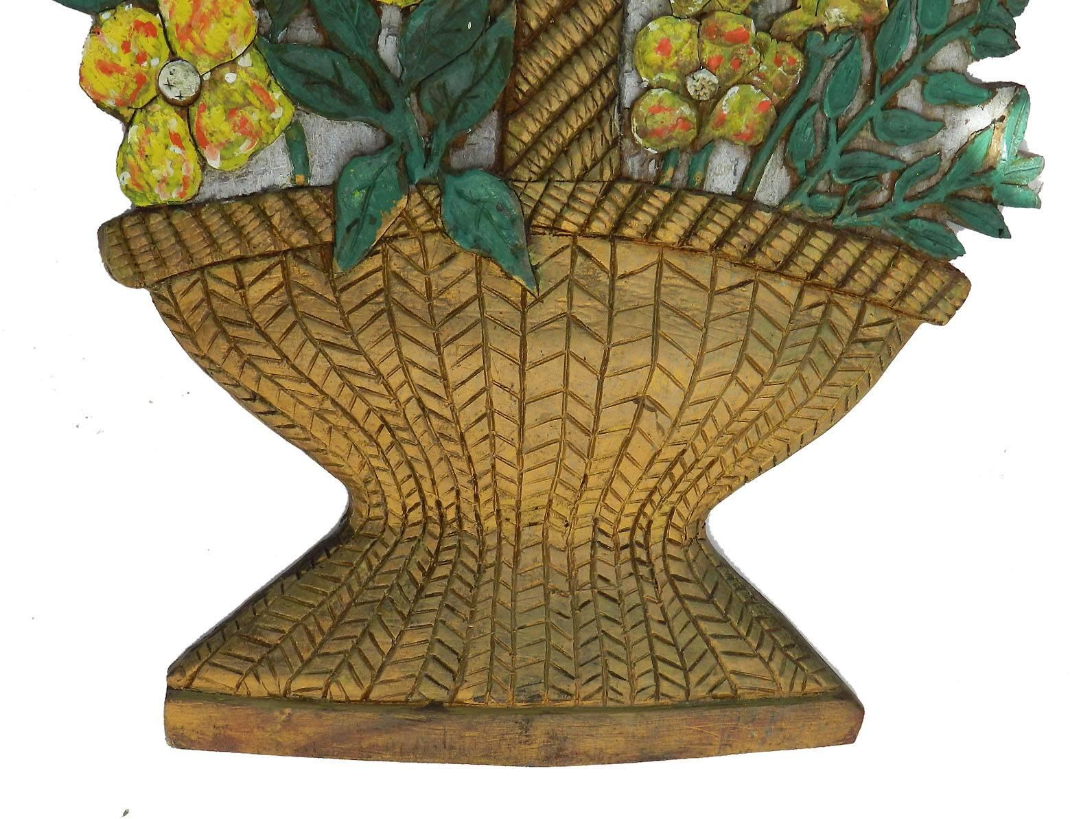 French Art Deco Carved Wood Wall Plaque Flowers Signed Relief Painted Floral Basket  For Sale