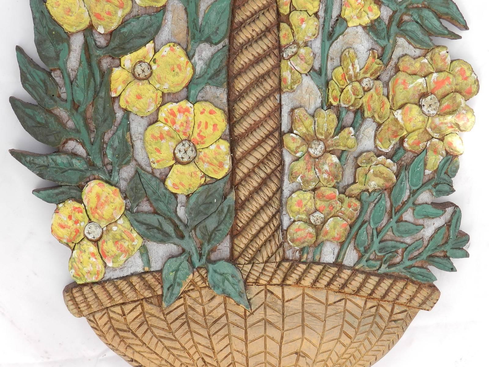 Art Deco Carved Wood Wall Plaque Flowers Signed Relief Painted Floral Basket  In Good Condition In Mimizan, FR