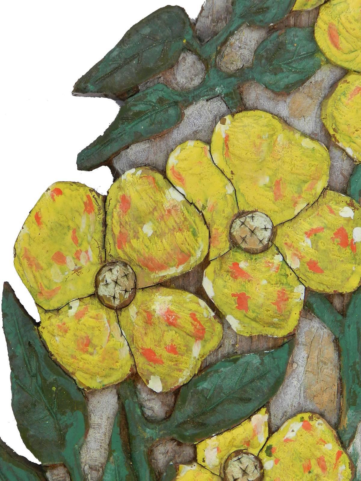 Mid-20th Century Art Deco Carved Wood Wall Plaque Flowers Signed Relief Painted Floral Basket For Sale