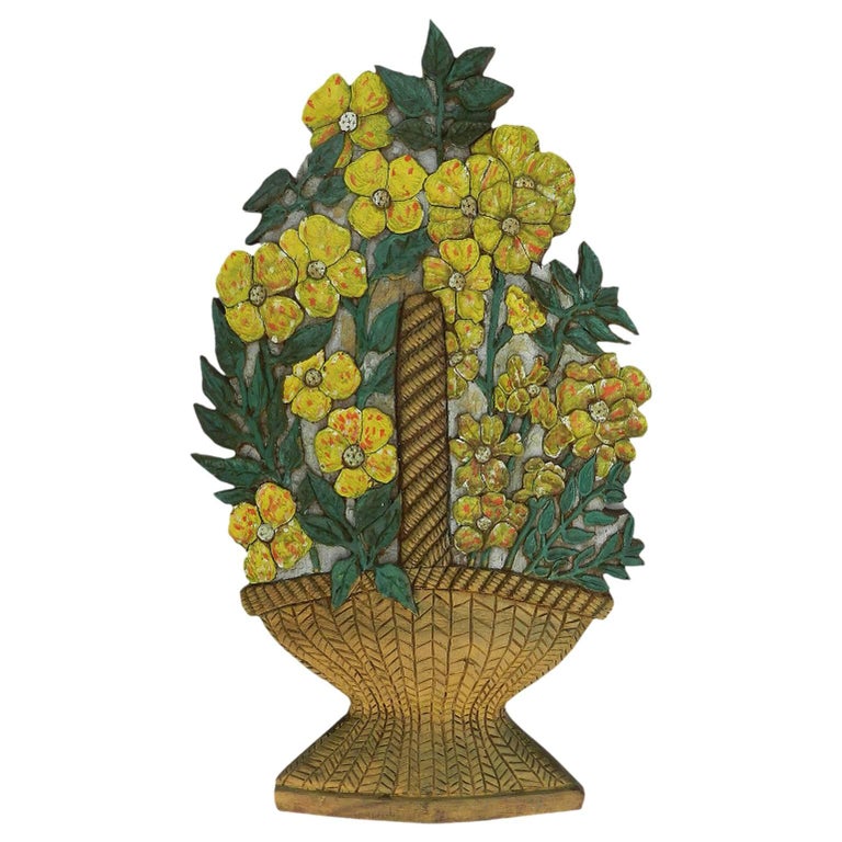 Art Deco Carved Wood Wall Plaque Flowers Signed Relief Painted Floral Basket  For Sale