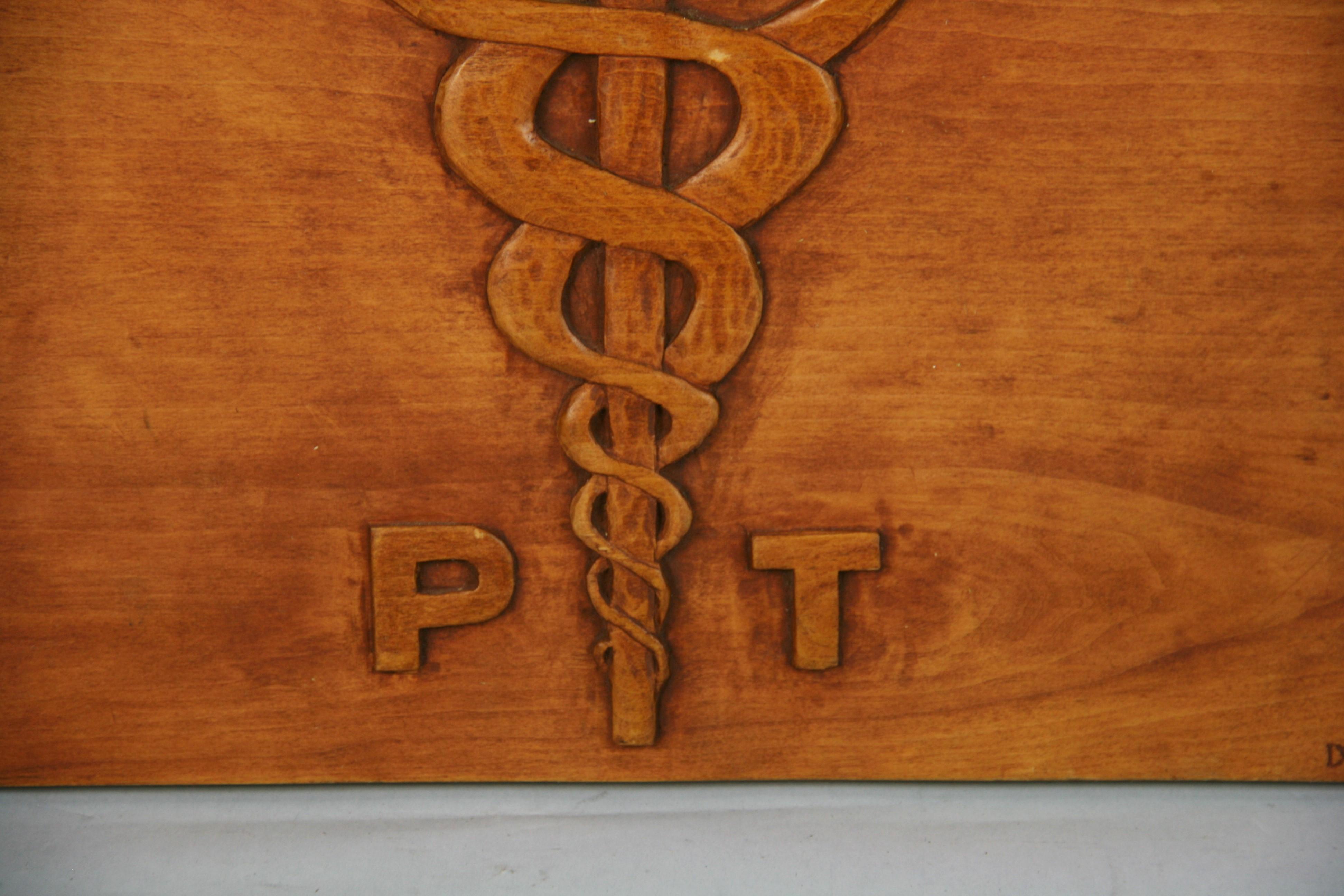 Late 20th Century Carved Wood Wall Plaque Medical Symbol For Sale