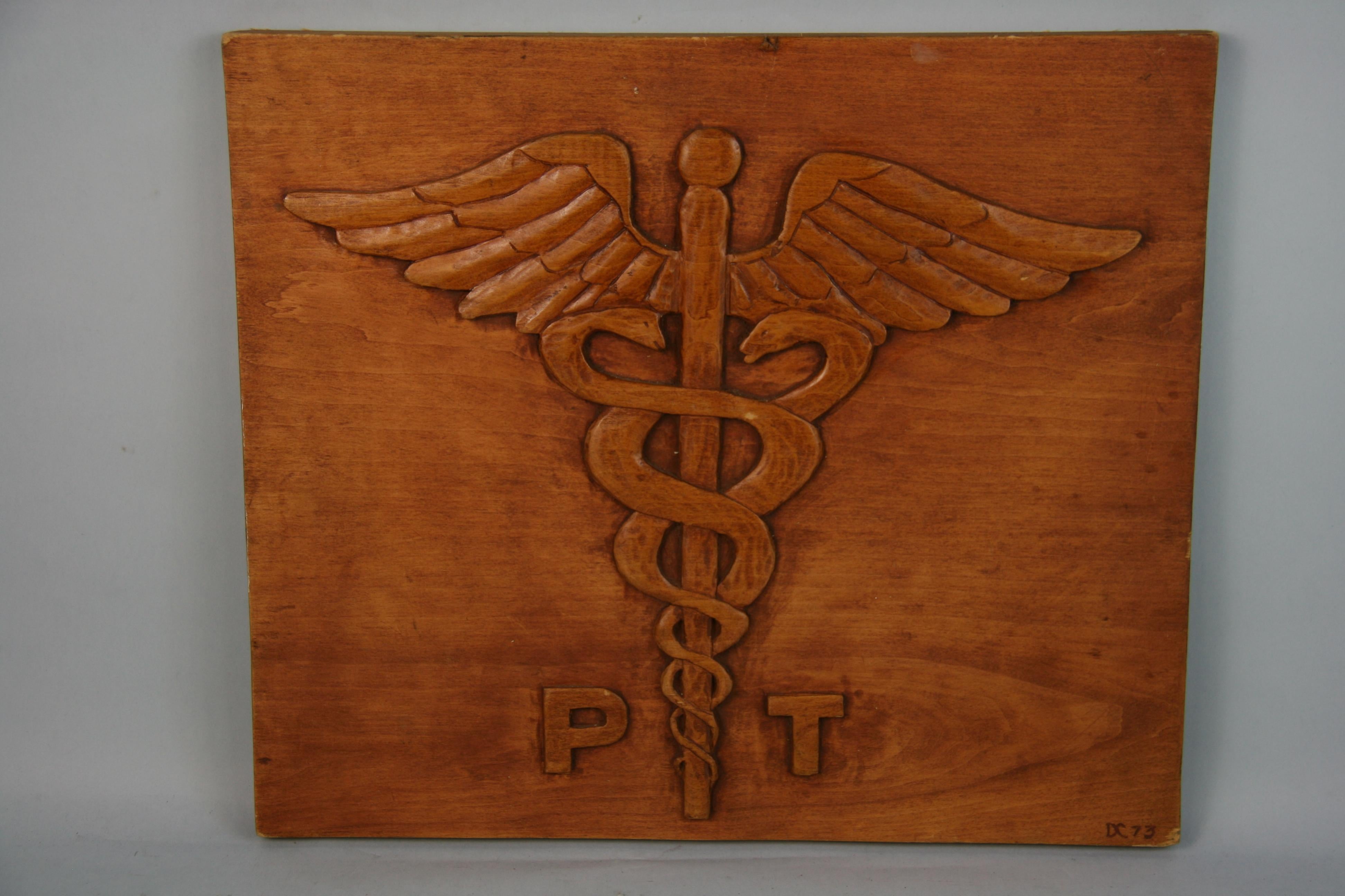 Antique Carved Wood Wall Plaque Medical Symbol For Sale 1