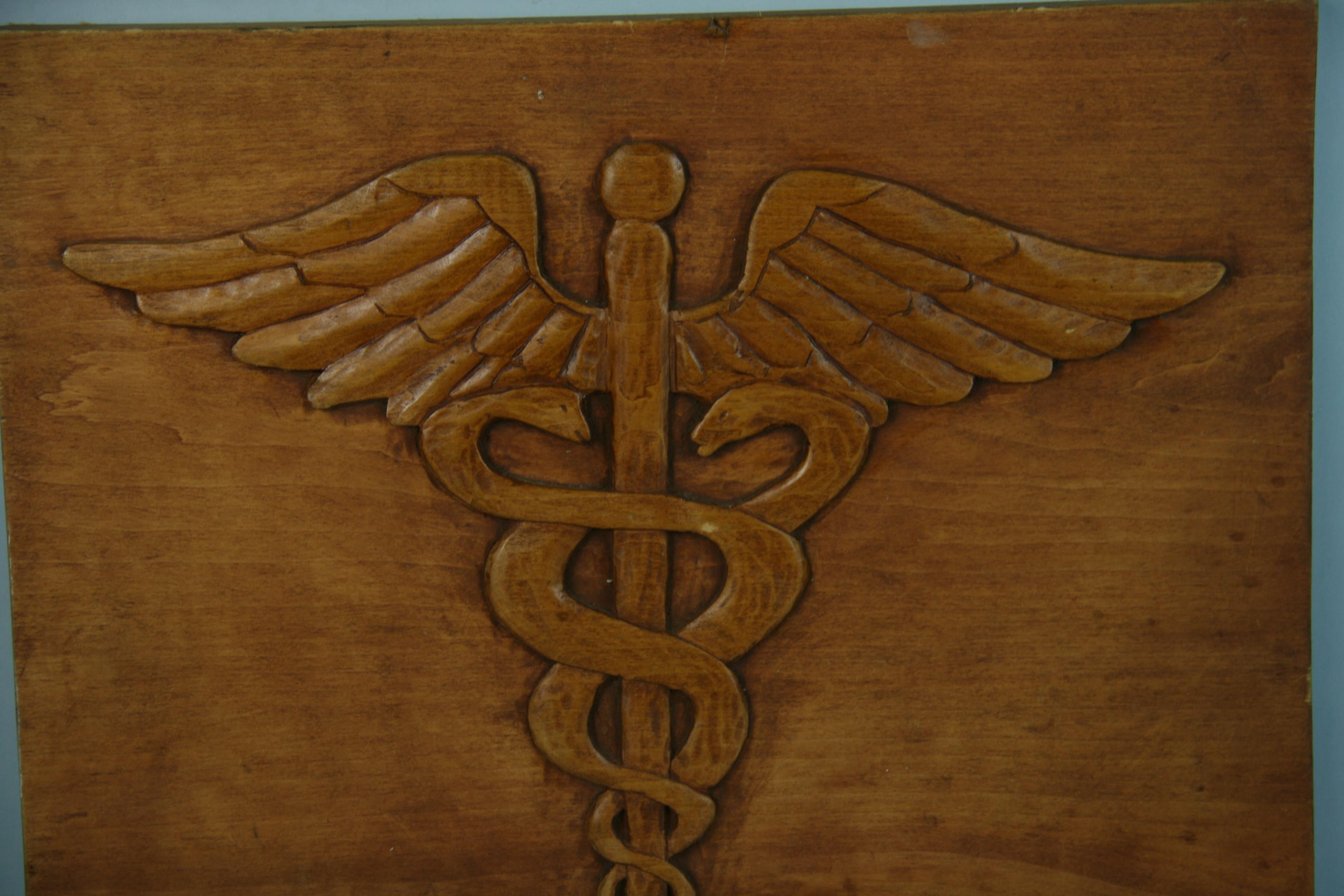 Geschnitzte Holz-Wandtafel, Medizinisches Symbol im Angebot 2