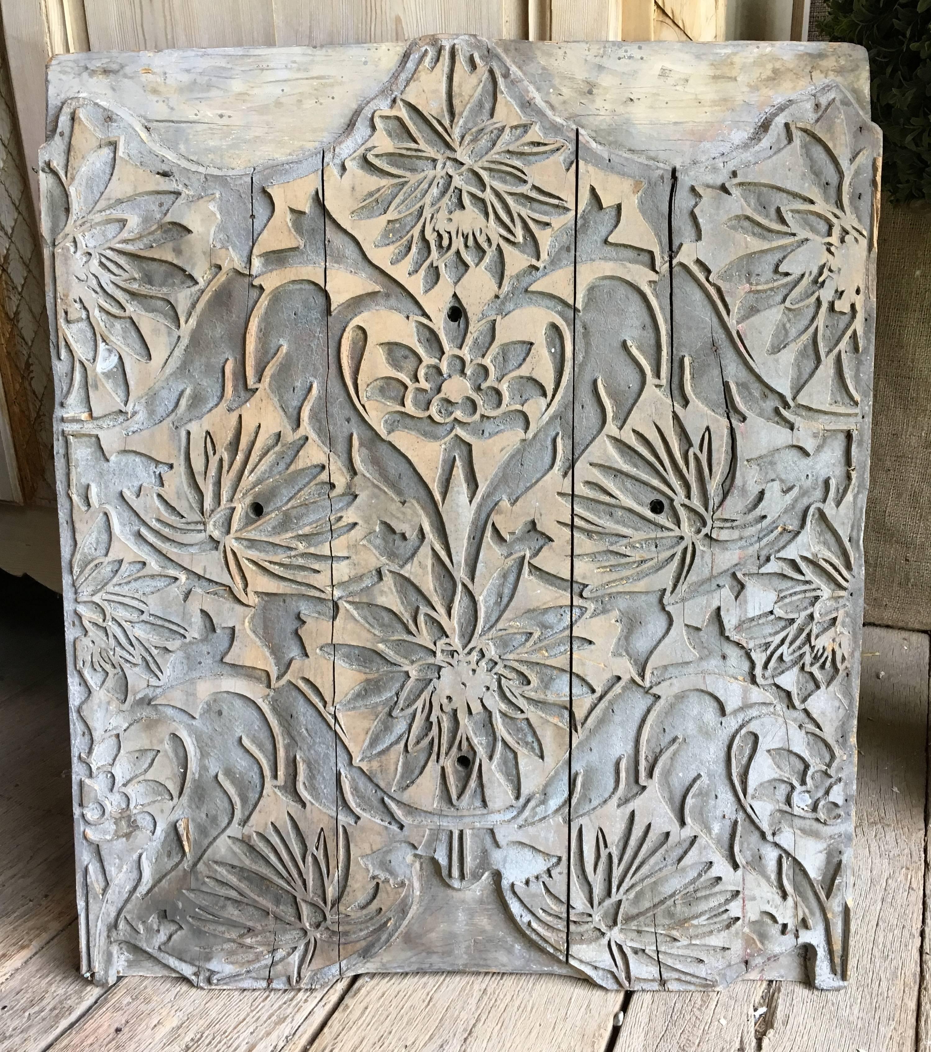 An unusually large hand-carved wood block for printing fabric or wallpaper, mid-19th century, very decorative as a wall hanging.