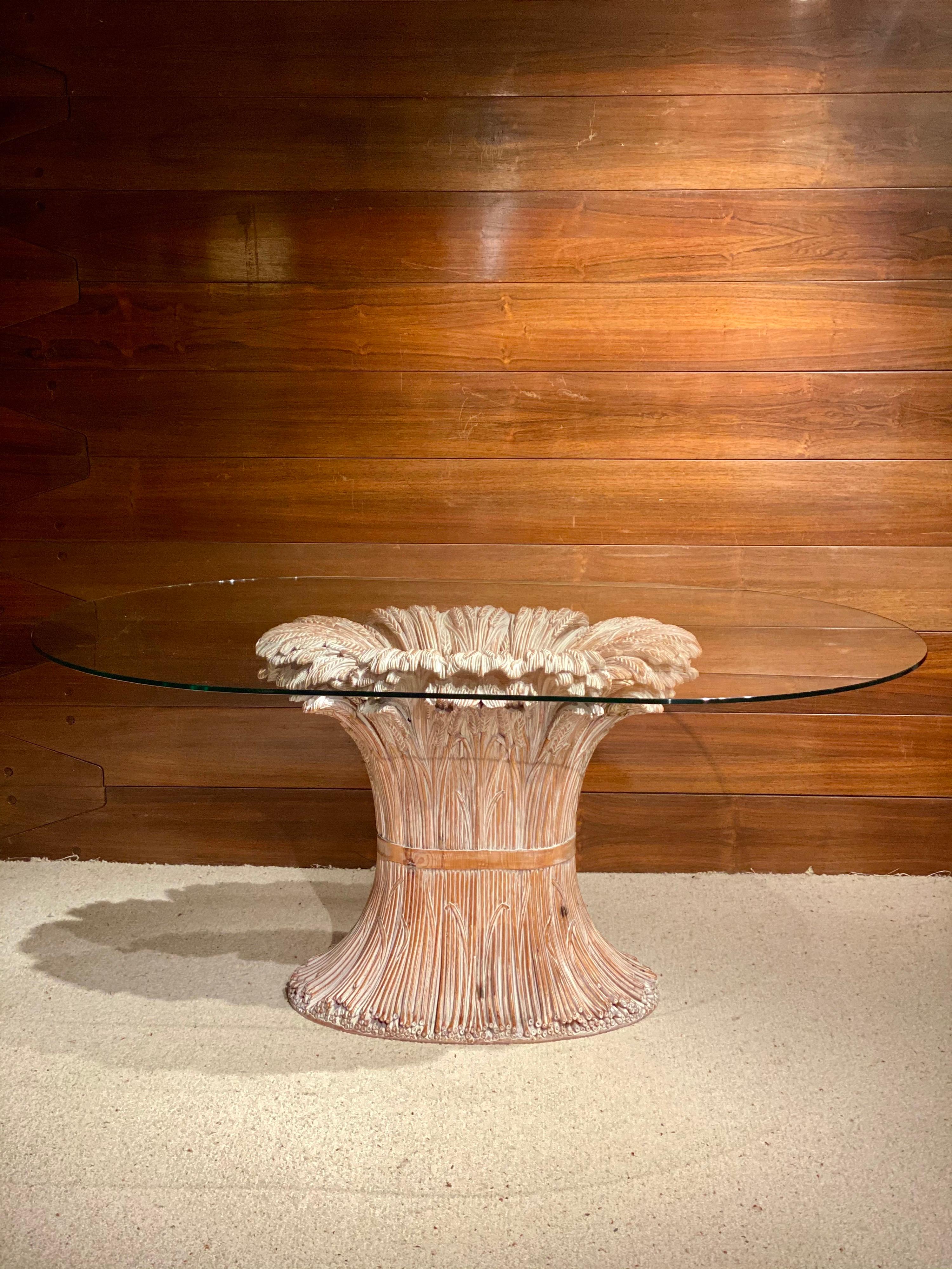 Italian carved wood dinning table, made in Florence, by Chelini. Large base depicting a wheat sheaf, can support a larger glass top. Nice detail and beautiful patina.

glass top dimension:
110cm × 170cm × 1cm

Base dimension 
Height