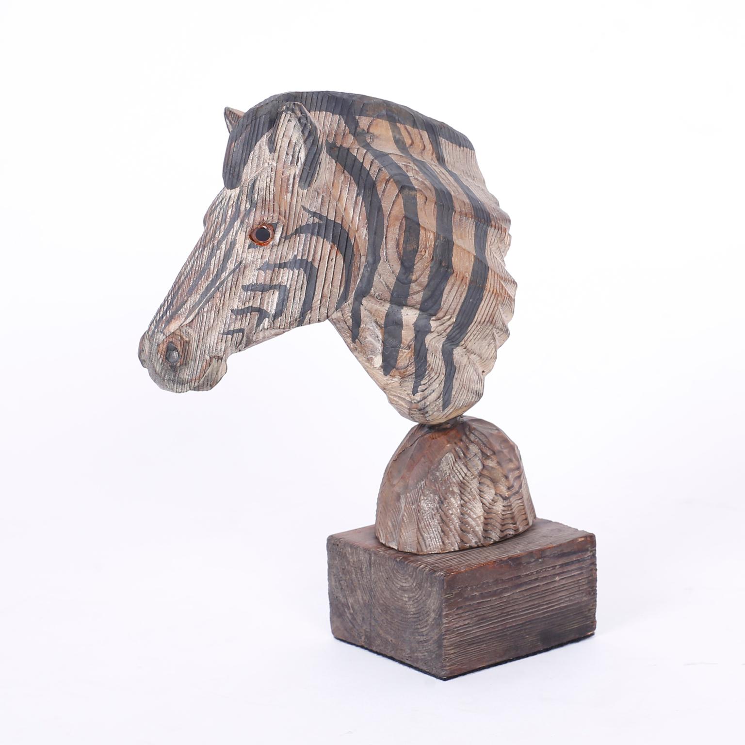 Wood carved zebra head