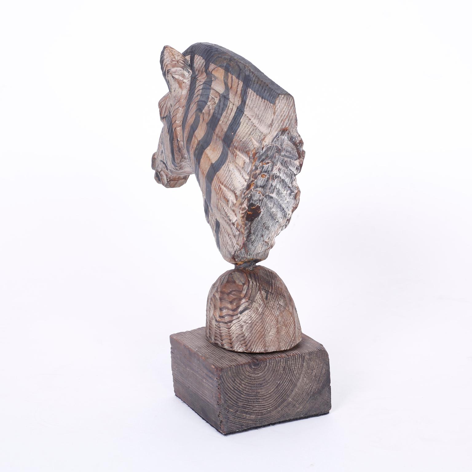 Carved Wood Zebra Head In Excellent Condition In Palm Beach, FL