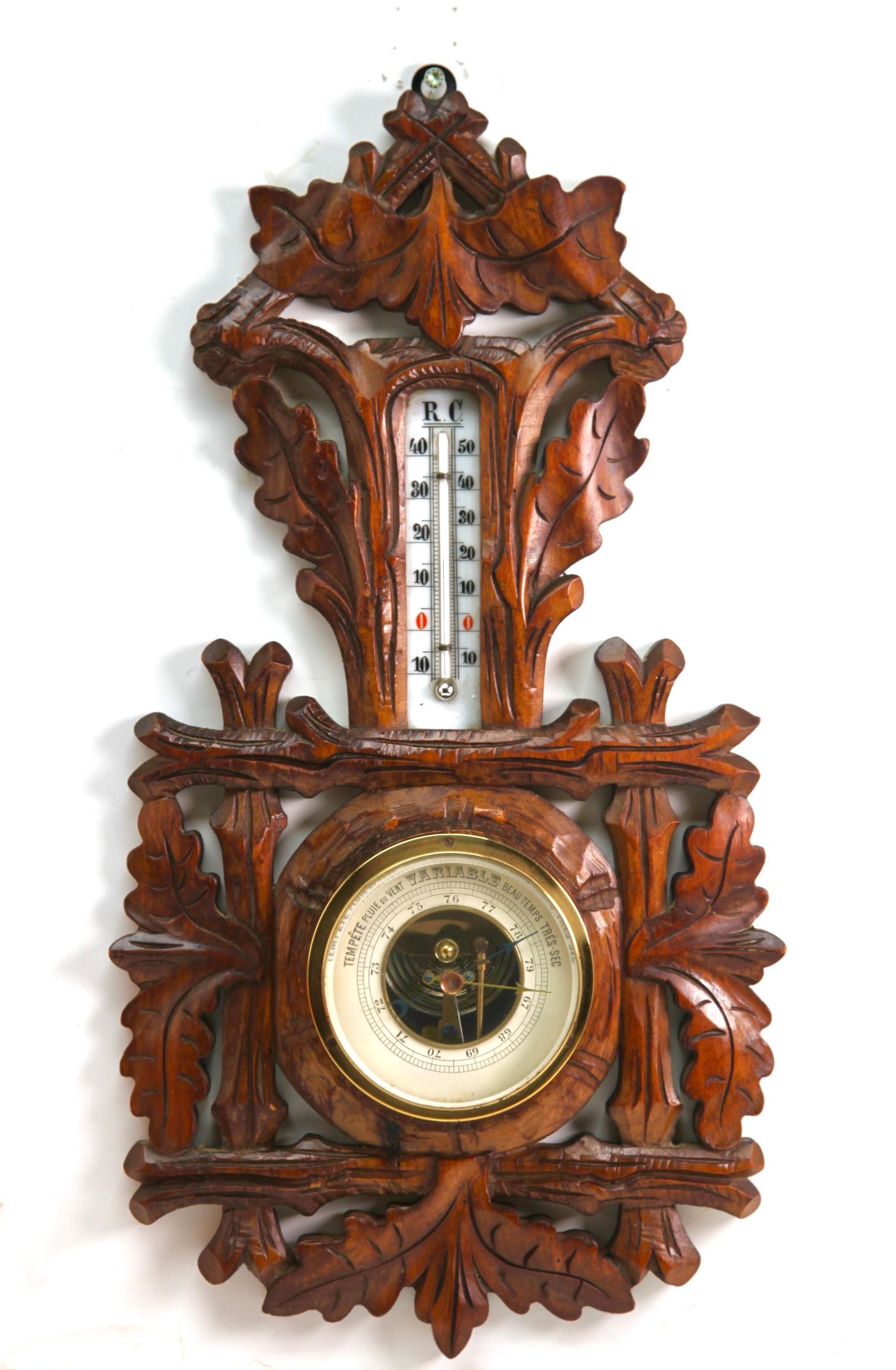 Carved wooden antique French barometer with thermometer
Unusual antique carved wooden barometer in a lovely carved case, working order.
Number 9432
 

With best wishes,