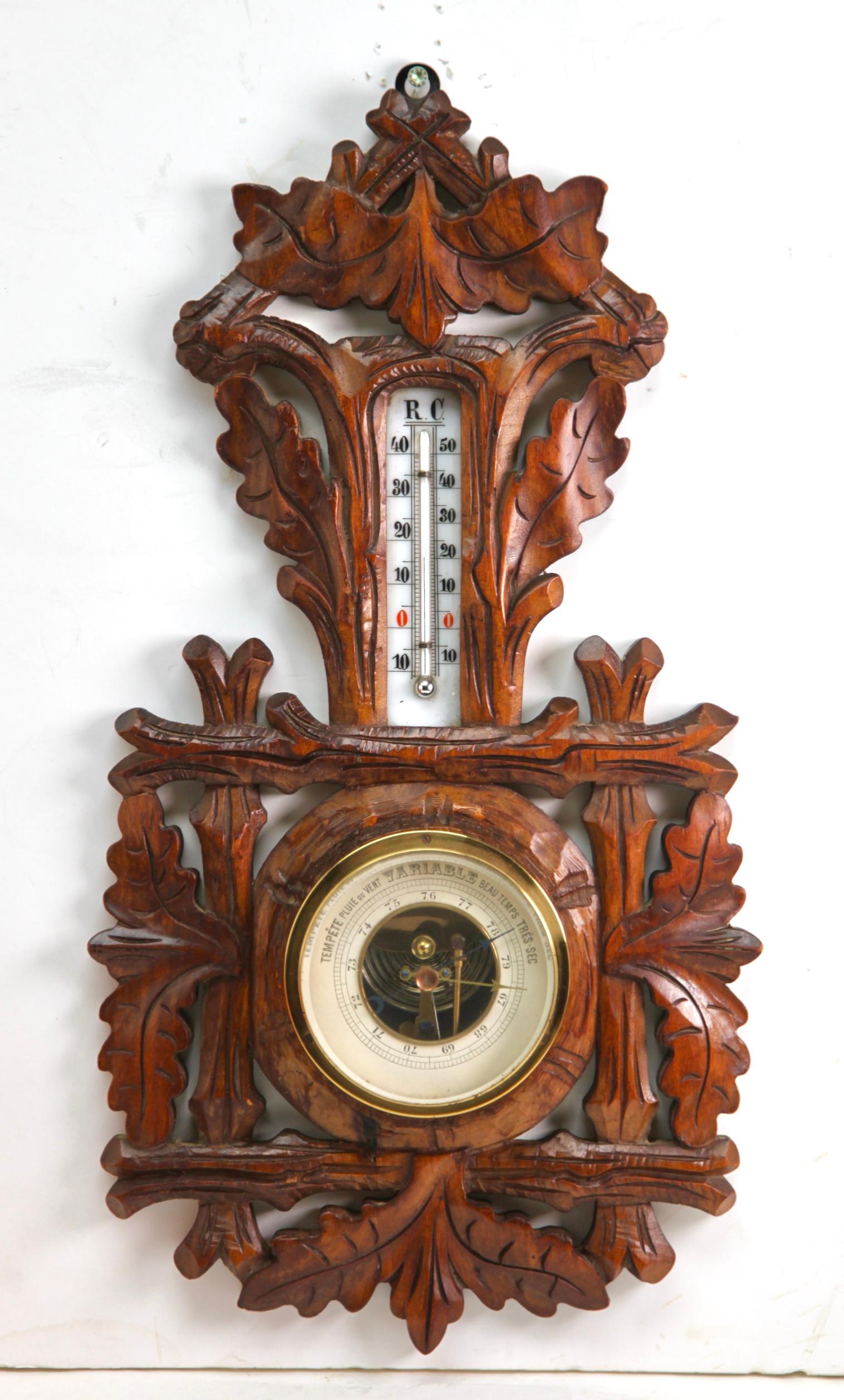 Art Nouveau Carved Wooden Antique French Barometer with Thermometer, Number 9432 1910s For Sale