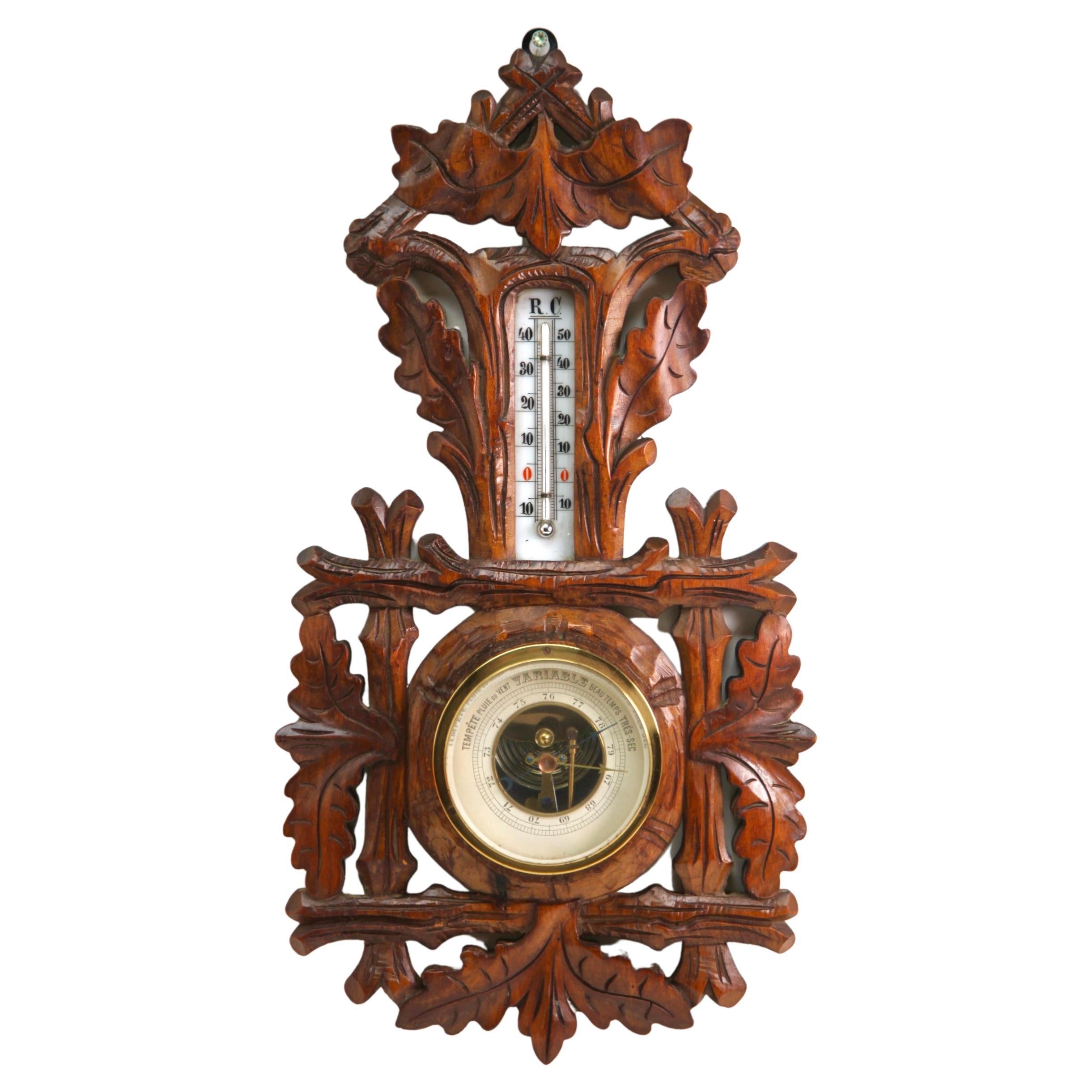 Geschnitztes antikes französisches Barometer aus Holz mit Thermometer, Nummer 9432 1910er Jahre
