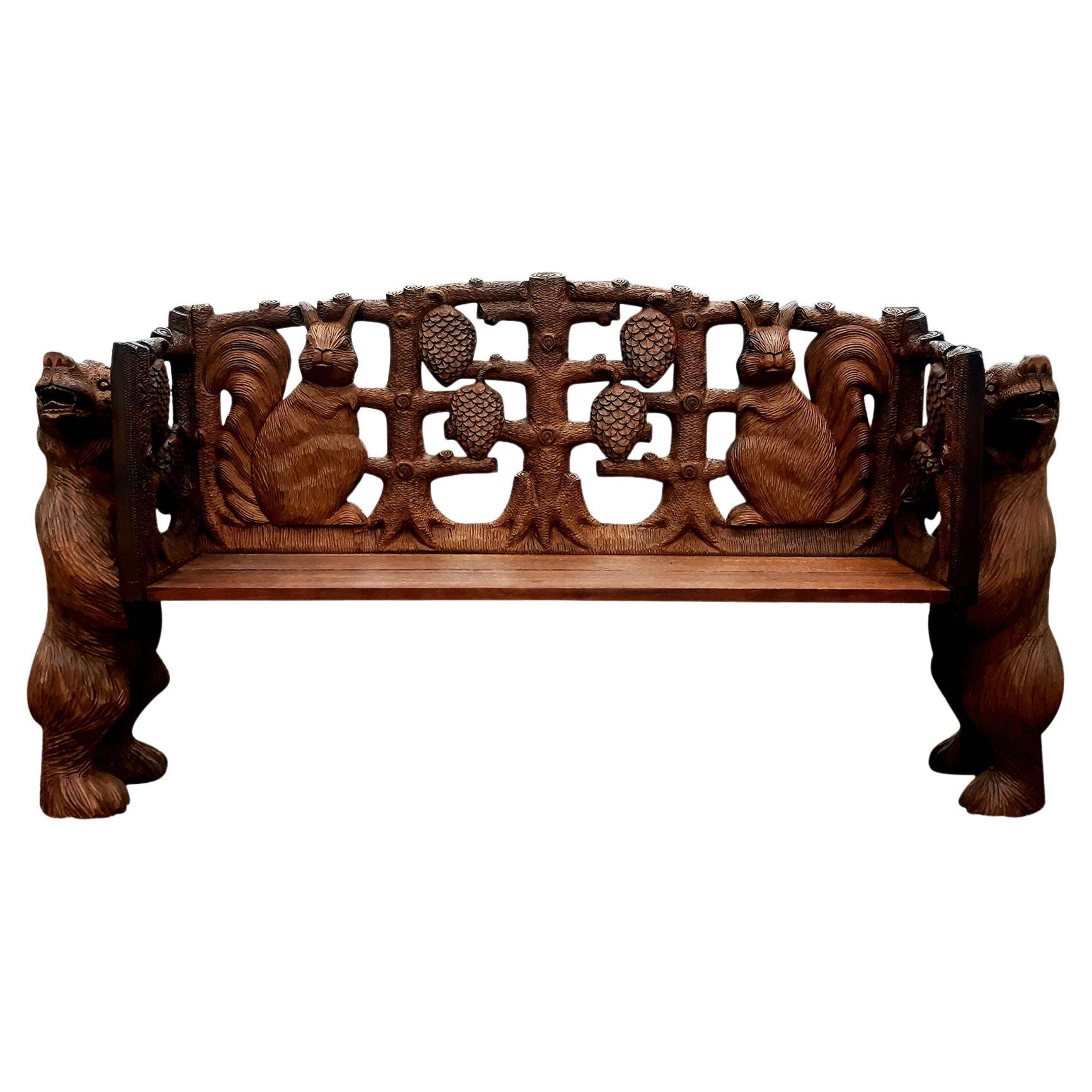 Carved Wooden Bench in the Taste of the Black Forest Bear Squirrel