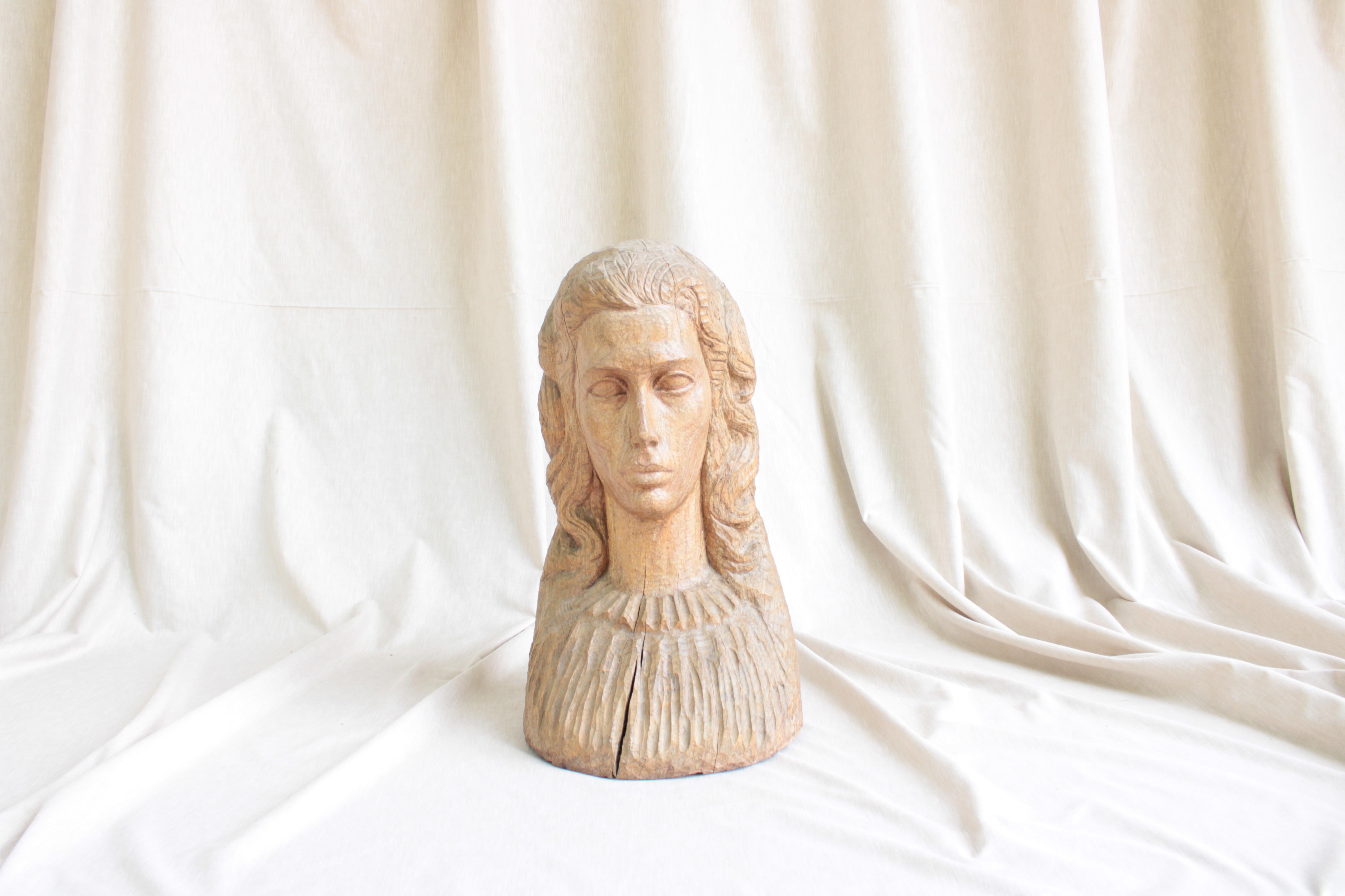 Carved Wooden Bust of a Woman, Portugal, 1930s For Sale 2