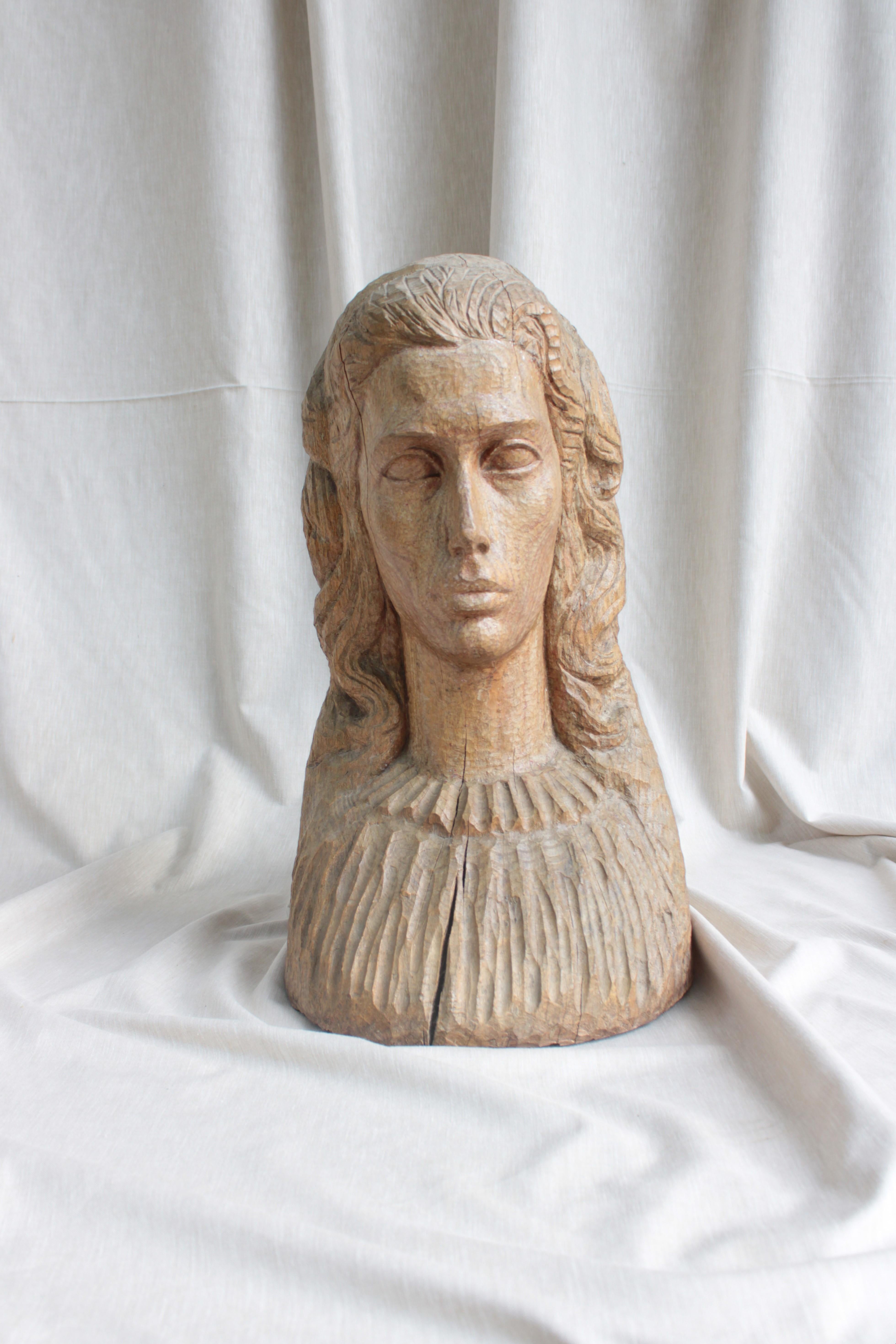 Portuguese Carved Wooden Bust of a Woman, Portugal, 1930s For Sale