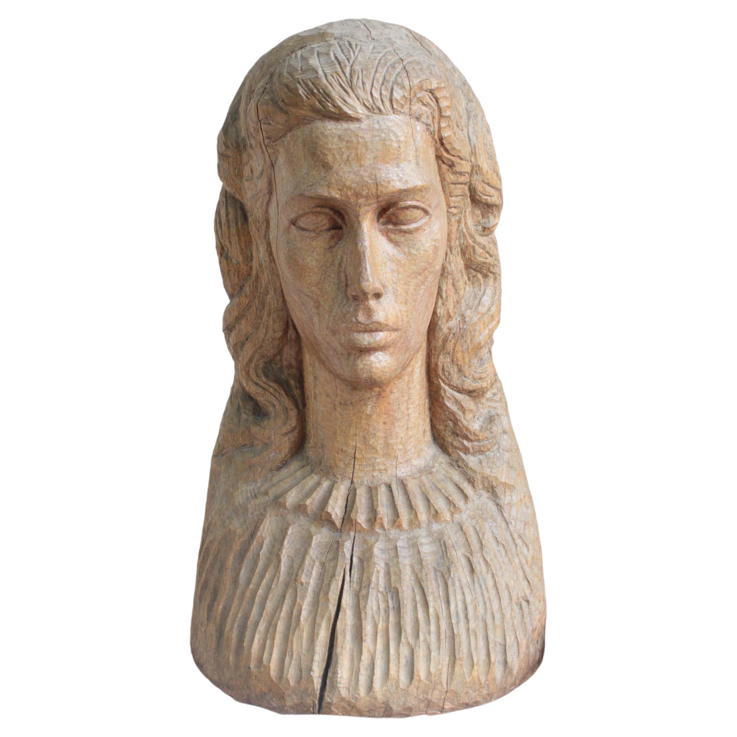 Carved Wooden Bust of a Woman, Portugal, 1930s For Sale