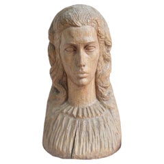 Vintage Carved Wooden Bust of a Woman, Portugal, 1930s