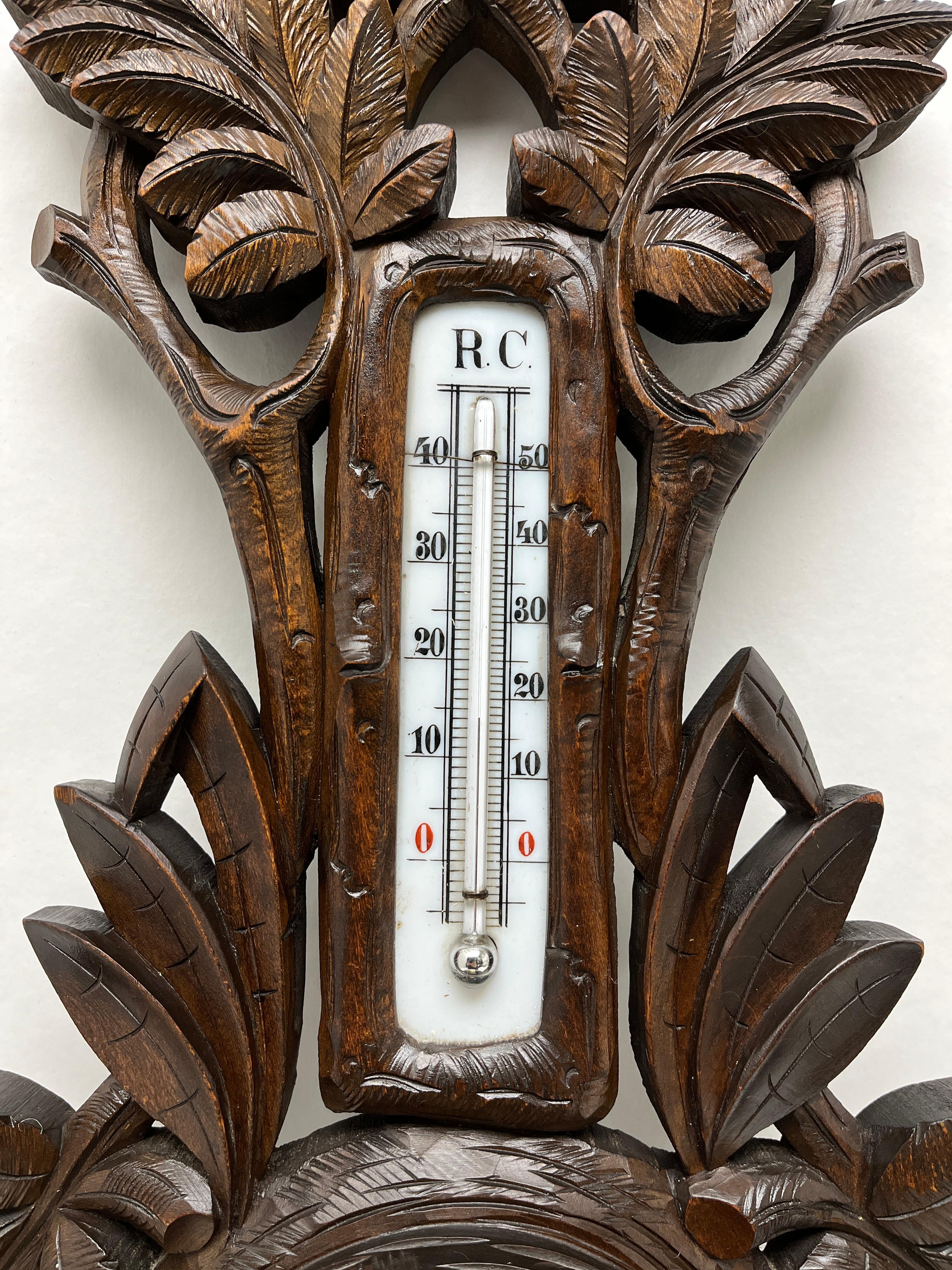 Art Nouveau Carved Wooden C.Engel & Cie Antique Belgium Barometer with Thermometer, 1910s For Sale