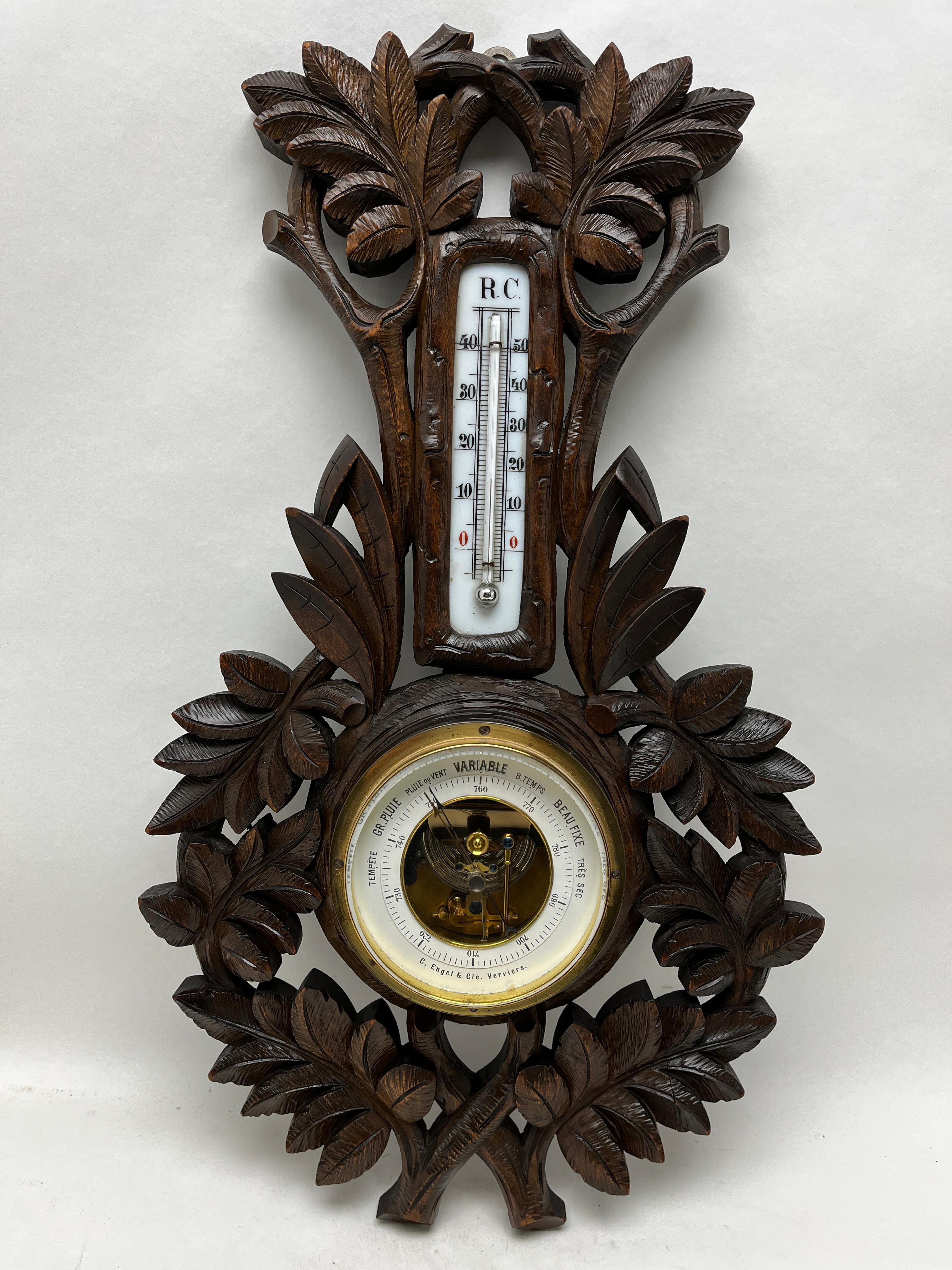 Hand-Carved Carved Wooden C.Engel & Cie Antique Belgium Barometer with Thermometer, 1910s For Sale