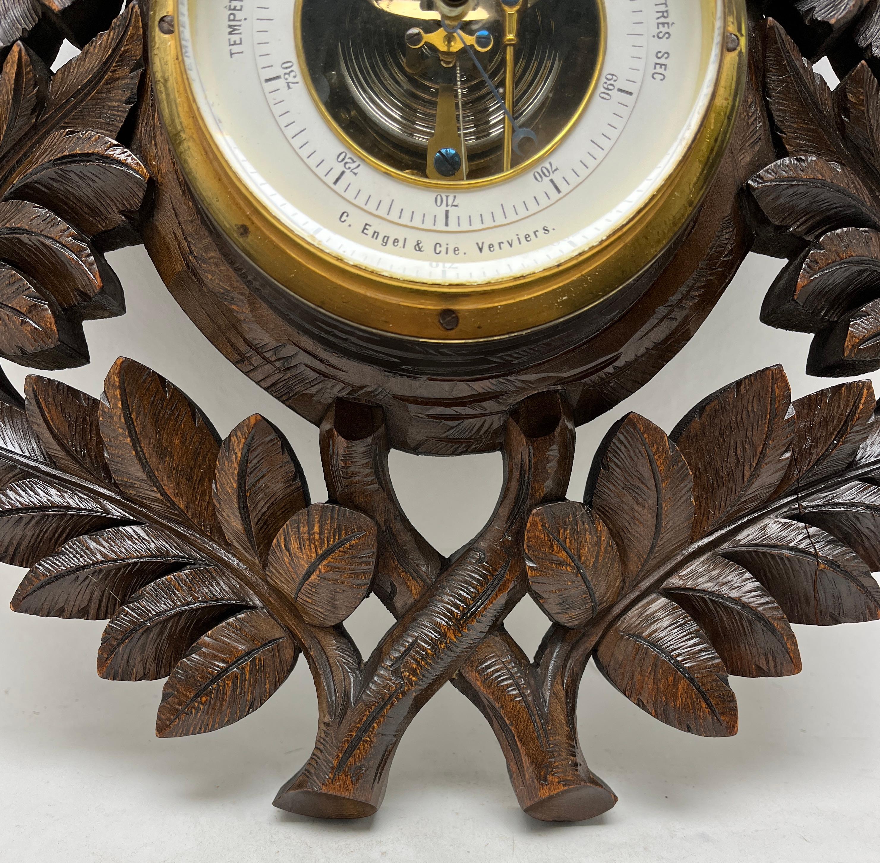 Carved Wooden C.Engel & Cie Antique Belgium Barometer with Thermometer, 1910s In Good Condition For Sale In Verviers, BE