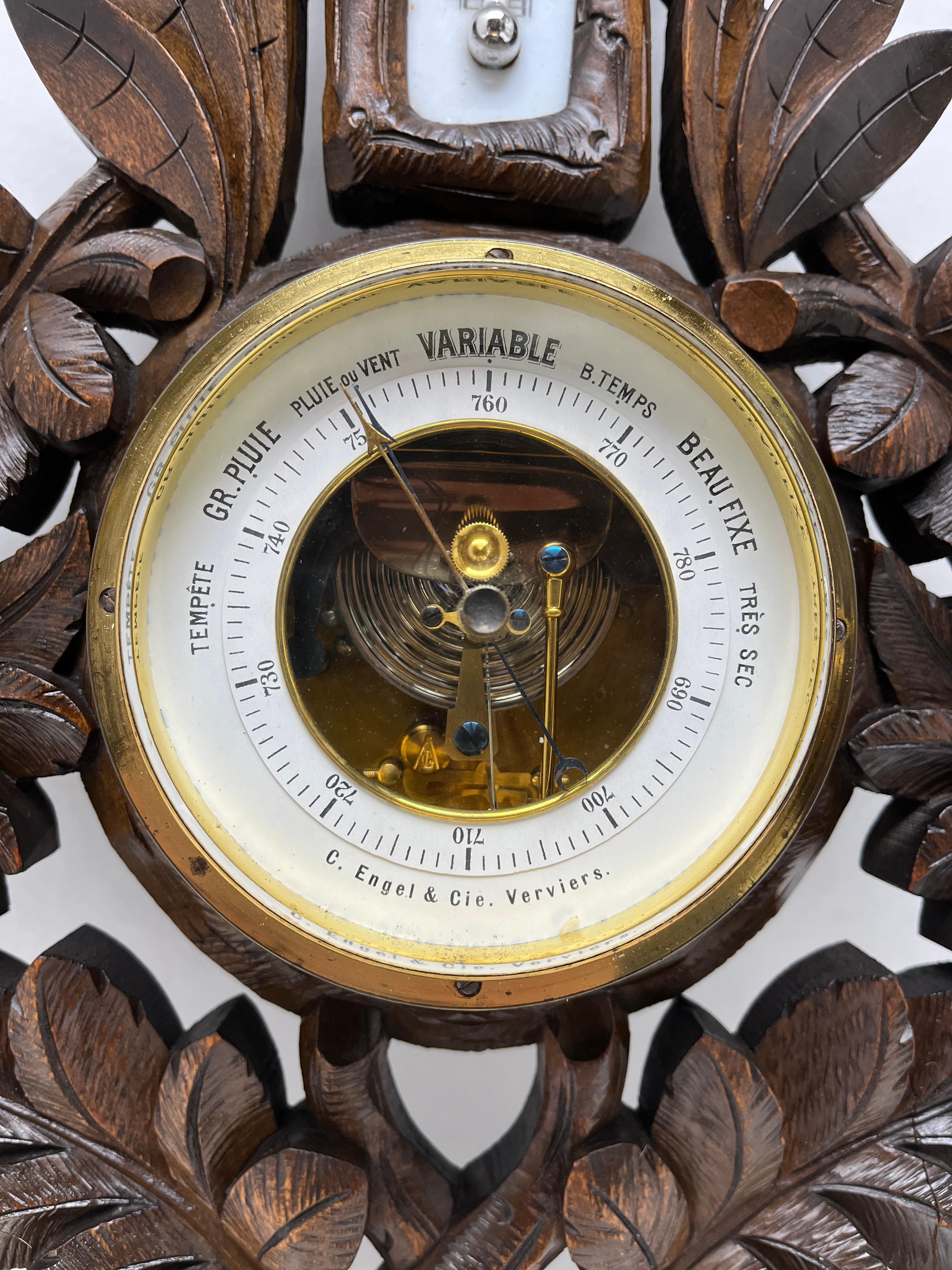 Carved Wooden C.Engel & Cie Antique Belgium Barometer with Thermometer, 1910s For Sale 1