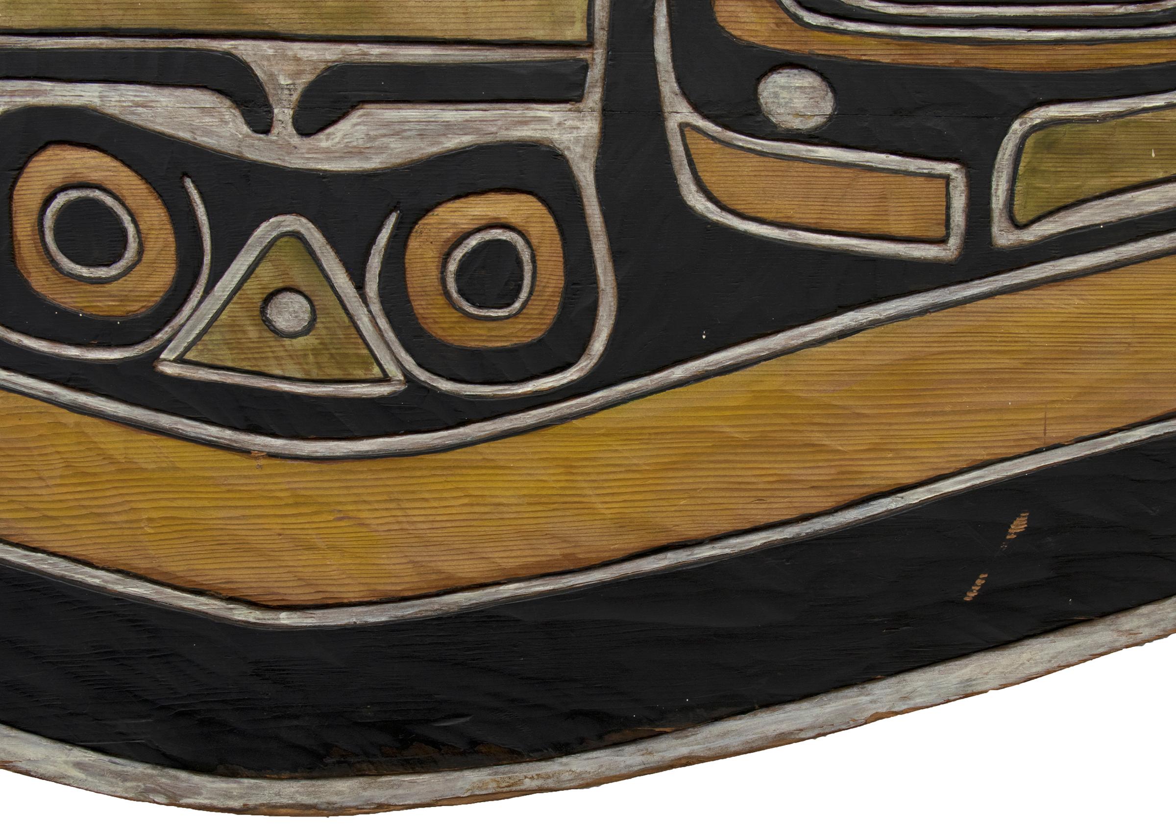 Carved Wooden Chilkat Sign, 1950s Wooden Painted Wall Sign, Blue, Yellow For Sale 2