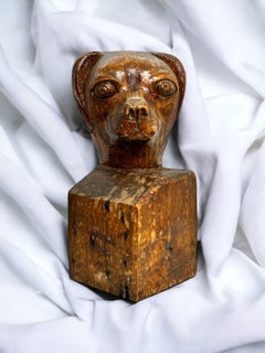 Carved Wooden Dog Head Statue Sculpture Bust, Vintage Austria, circa 1910s
