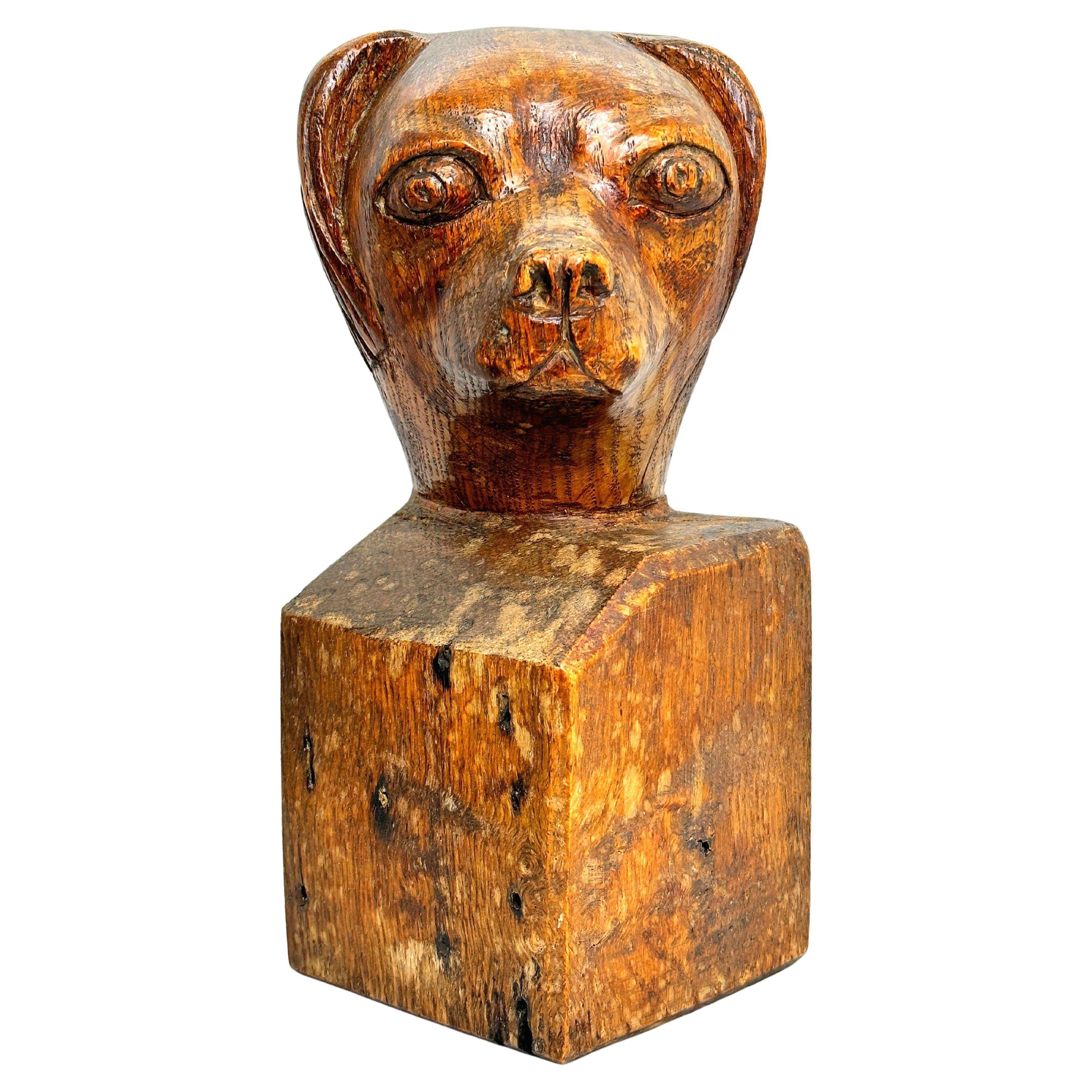 Carved Wooden Dog Head Statue Sculpture Bust, Vintage Austria, circa 1910s