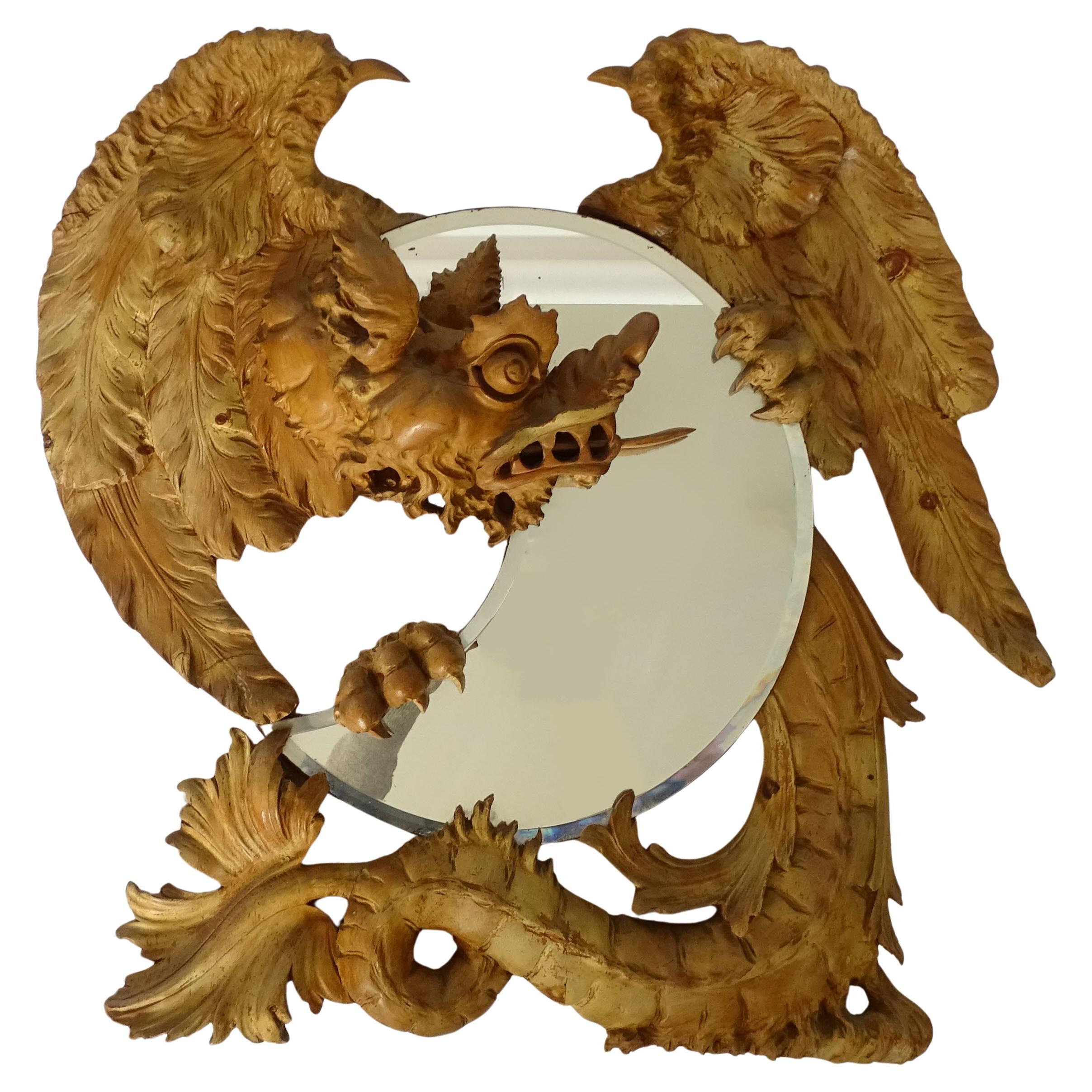Carved Wooden Dragon on a Moon Shaped Mirror, Italy, circa 1900