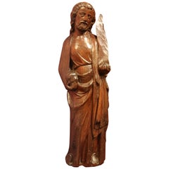 Antique Carved Wooden Figure of a Saint Holding a Phylactery